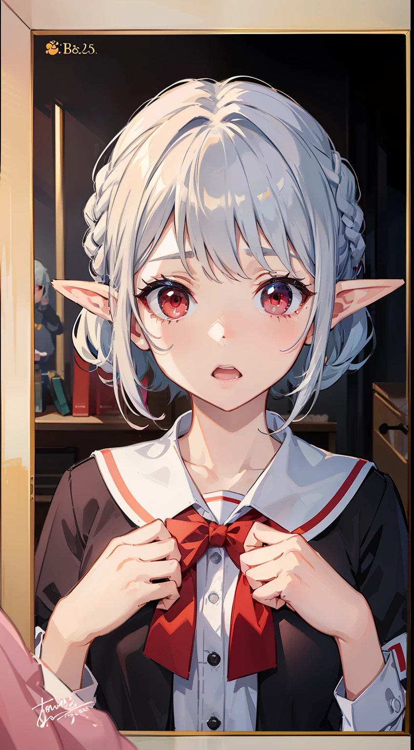 ((Put your hands on your chest)), ((Surprised)), (Red Face), 1女の子の接写, elvish, silver hair,, Red eyes, Braided hair, bob cuts, Student uniform, sailor outfit, inside room, Mirror, Gender Change, Concept art, beautiful anime scene, beautiful anime scenery, The Highest Quality, master masterpiece, 4K