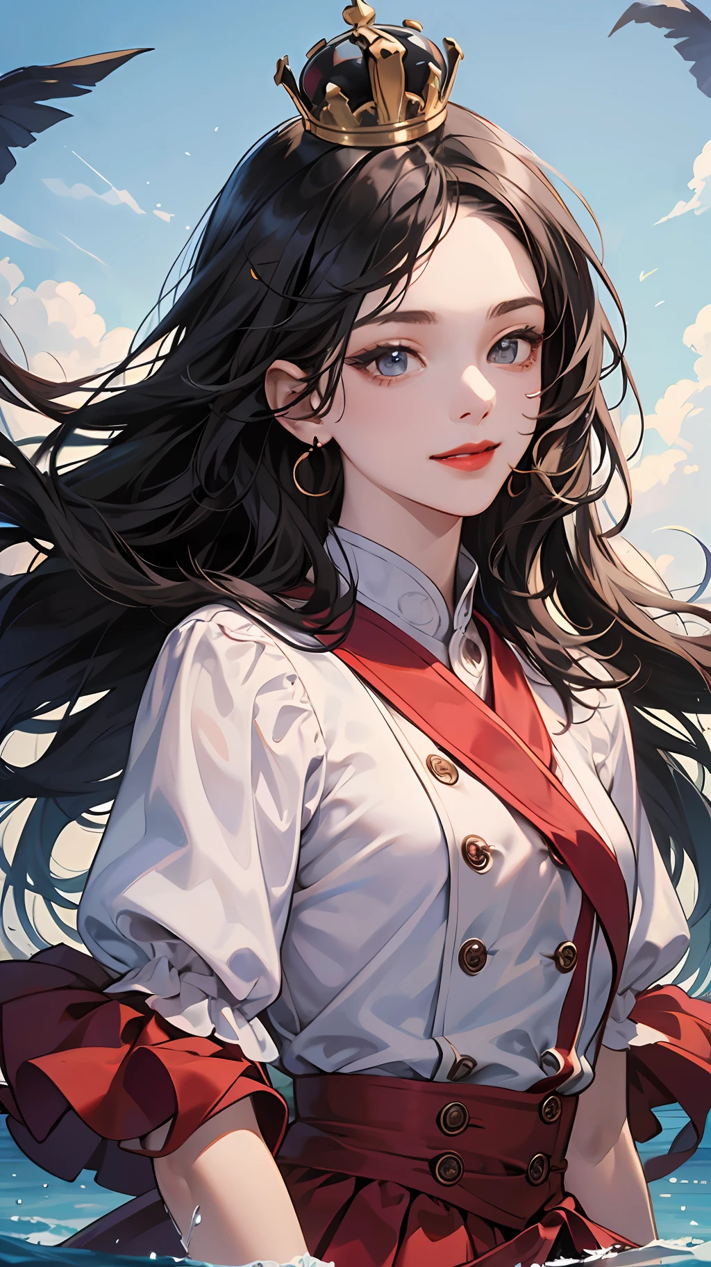 A teenage girl,Crown on head,black color hair,Flowing hair,Ruby eyes,(Close-up of the eyes),redlips,closed Mouth,Sorrisos,Look up,super detail, highres, high details, 16k,upper body,Red low-cut skirt,Small breasted,water,,sideways,master masterpiece --auto
