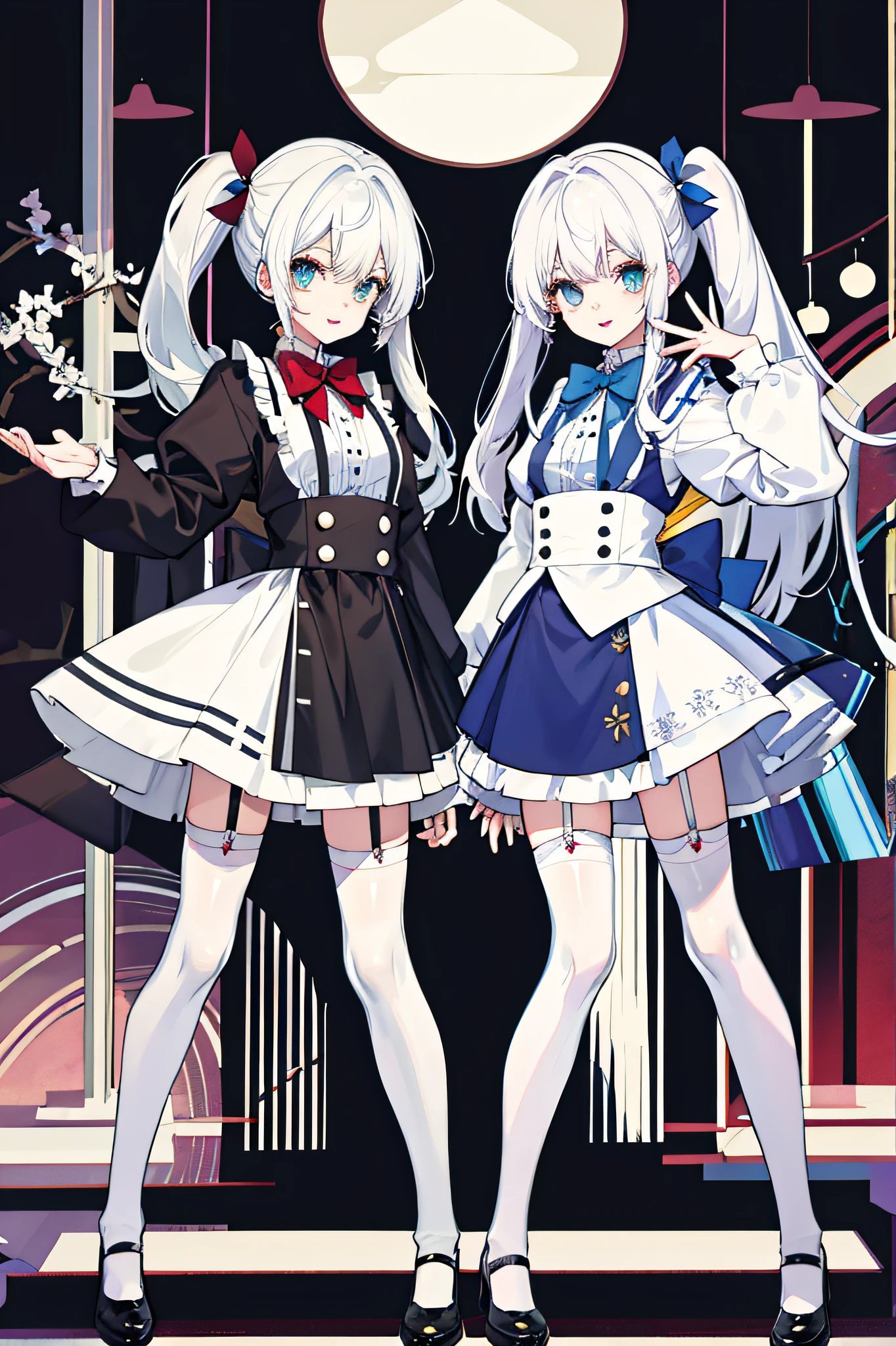 ,twins,white hair,stockings,mature female,
