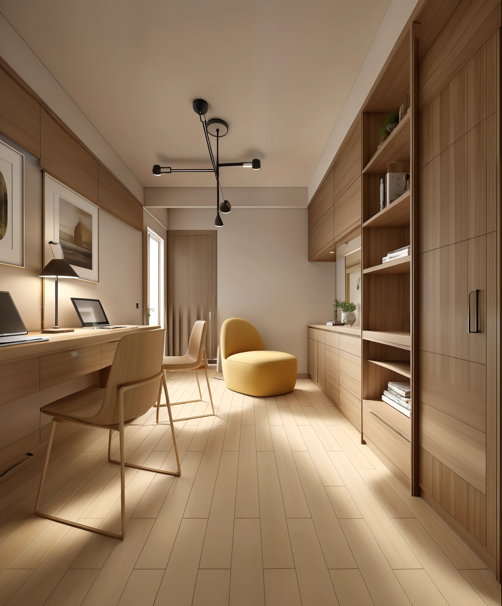 "Masterpiece, high quality, best quality, authentic, super detail, interior, modern workroom, rug, wooden floor, window, curtains, daylight, vray."