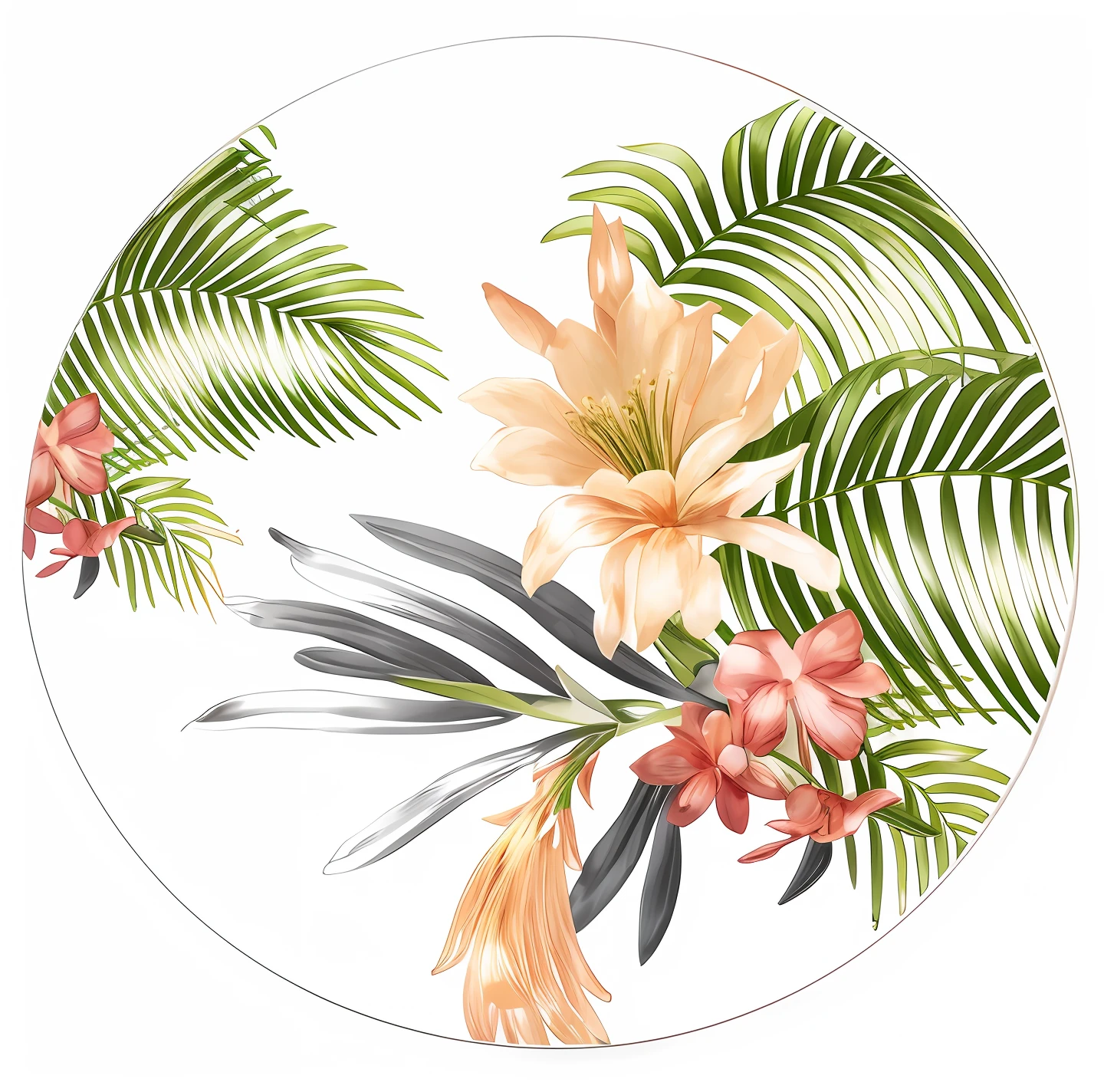 there is a picture of a plate with a tropical design on it, elegant tropical prints, tropical flowers, tropical flower plants, tropic plants and flowers, blooming tropical flowers, flowers and foliage, beautiful tropical flowers, tropical foliage, made of flowers and leaves, tropical style, the flowers,、, large jungle flowers, tropical, Author:François Boquet, Author:Alexander Kosis