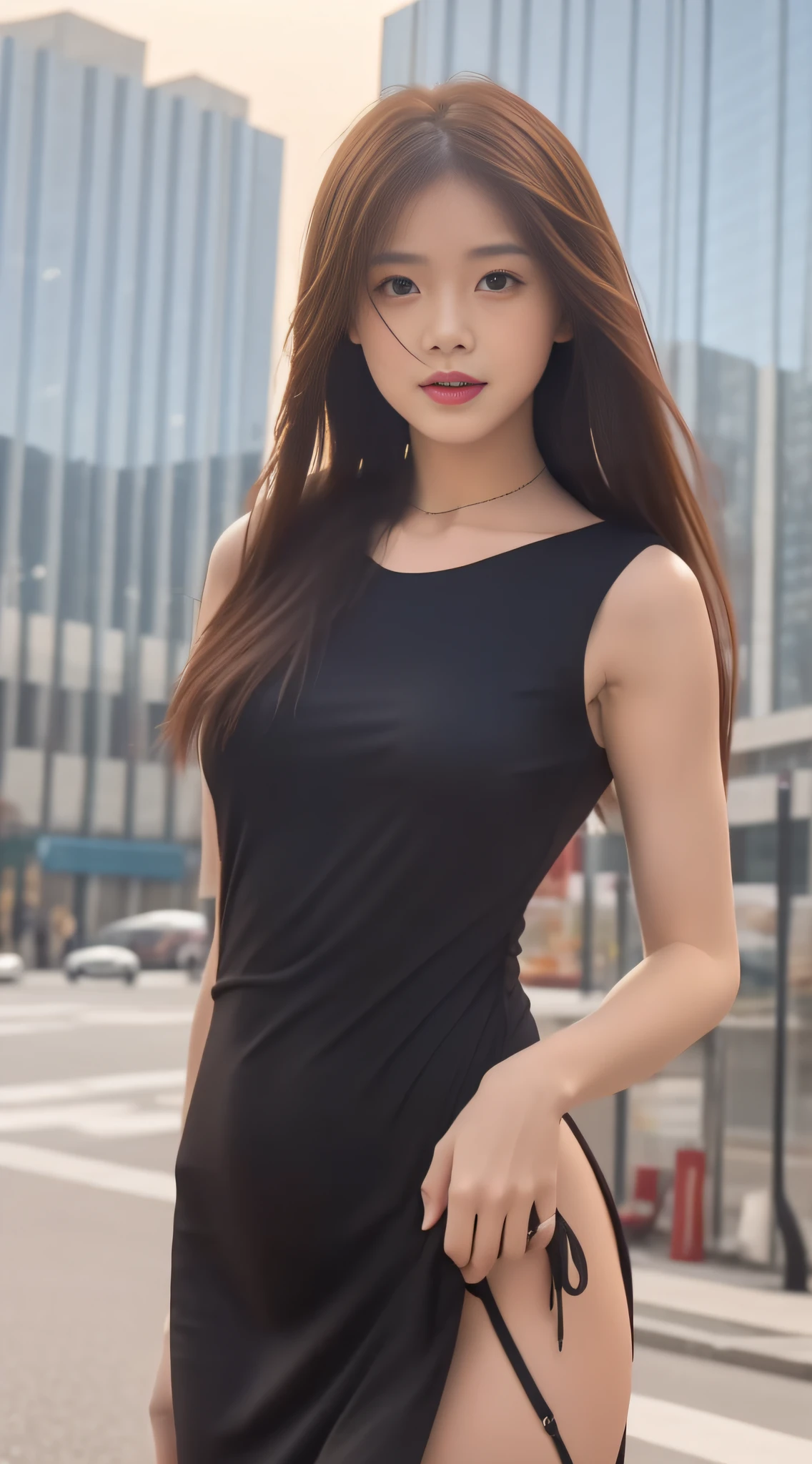 ((bestbestquality,8k,master masterpiece:1.3)), 1女孩, Sorrisos, total body, slim face, Beautiful woman, (Dark Brown Hair), Full-length dress :1.1, Super detailed face, Detailed eyes, Double eyelidd, blur background, slim face, The city, Exterior, the street,Dress with high slit,Wear black one-piece stockings,Place your hands behind your back,The lip color is more vibrant,Face depictions are more detailed