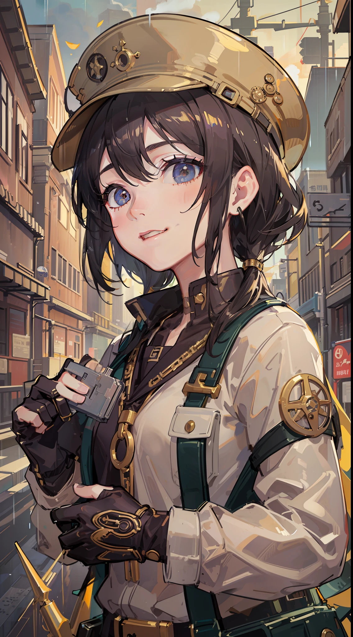 ((master masterpiece)),((The Highest Quality)),((highly accurate)),((Realstic))、1女性、pretty faces、Beautiful Faces、mignon!!、Brown clothes、working clothes、Sorrisos、Spanner wearing a hat、gear、screws、 Industrial metropolis、Construction Street、bridges、rainy days、steam punk、European architecture