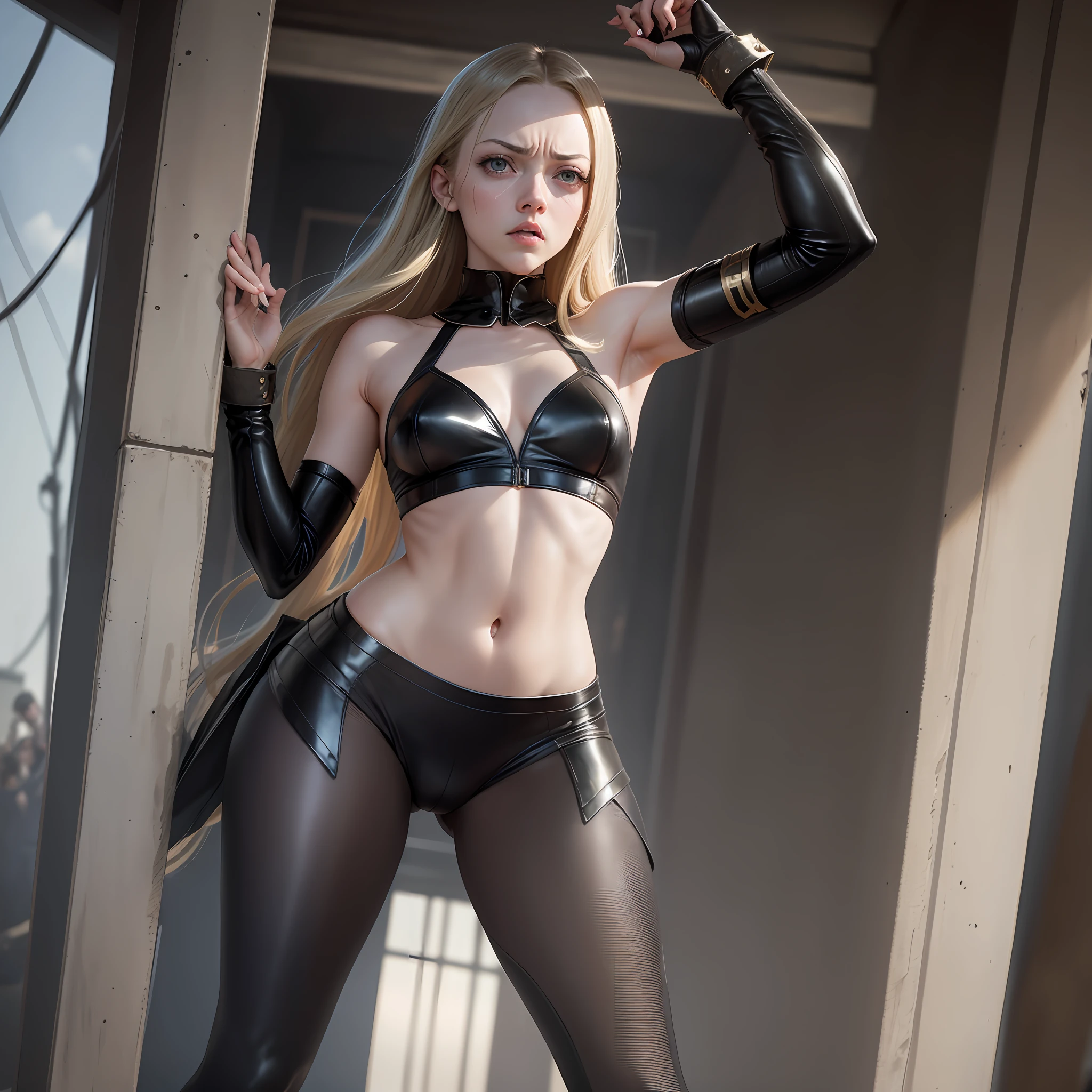 Amanda Seyfried dressed in high-heeled leggings, with a black eye, furious.