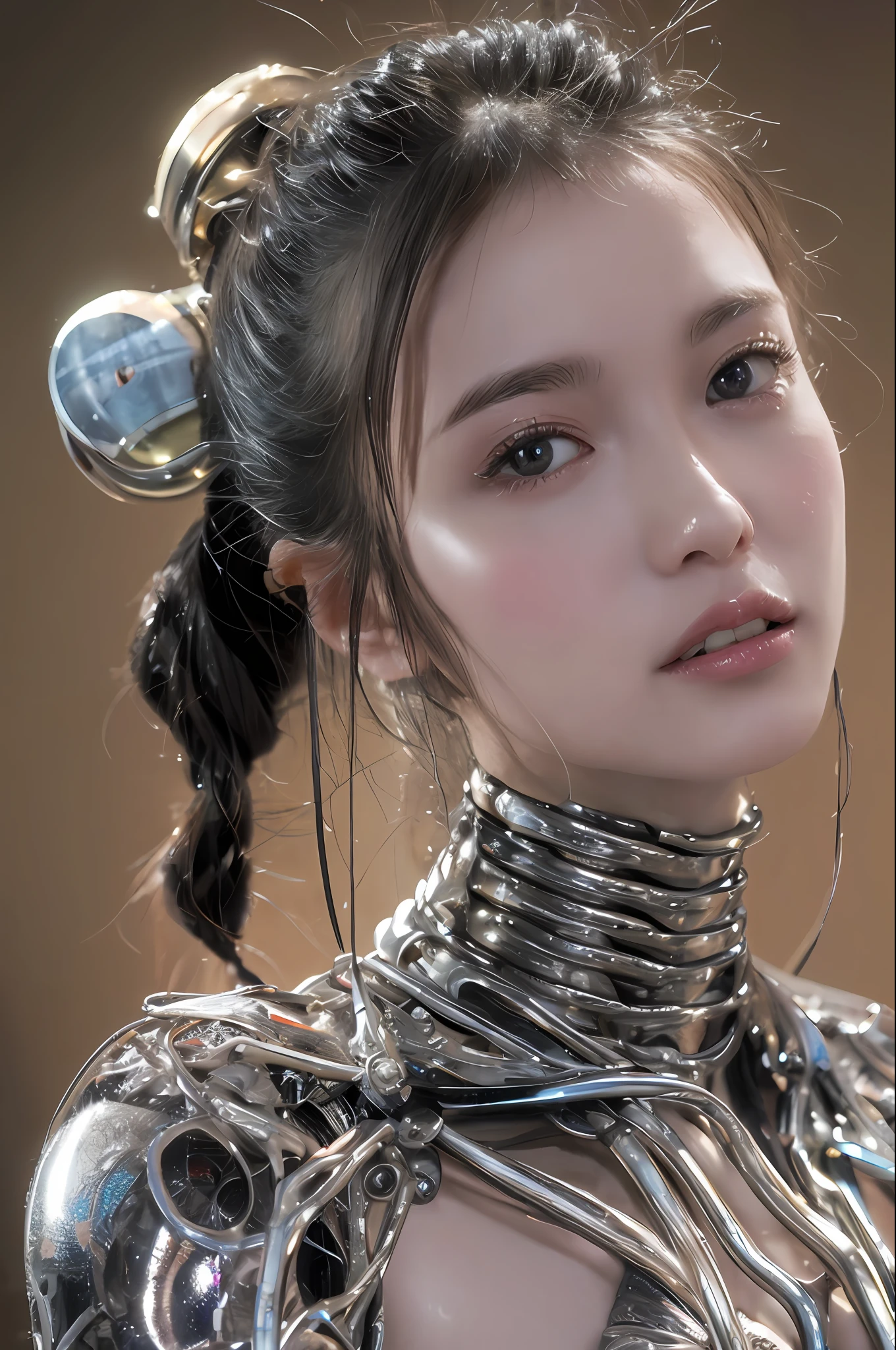 Top Quality, Masterpiece, Ultra High Resolution, (Photorealistic: 1.4), Raw Photo, 1 Girl, Black Hair, Glossy Skin, 1 Mechanical Girl, (Ultra Realistic Details)), Portrait, Global Illumination, Shadows, Octane Rendering, 8K, Ultra Sharp, Big, Cleavage Exposed Raw Skin, Metal, Intricate Ornament Details, Egyptian Details, Very intricate details, realistic light, CGSoation trend, purple eyes, glowing eyes, facing the camera, neon details, mechanical limbs, blood vessels connected to the tube, mechanical vertebrae attached to the back, mechanical cervical attachment to the neck, sitting, wires and cables connecting to the head, evangelion, small LED lamp,