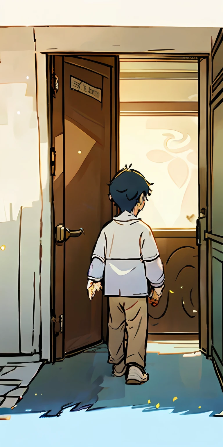 Little boy discovers magical doors（keyword：doors，uncovered，Enigmatic，back view） Little boy walking in town，Stumbled upon an ancient-looking door。He was attracted by the peculiar pattern on the door，Curiosity drove him towards the door。