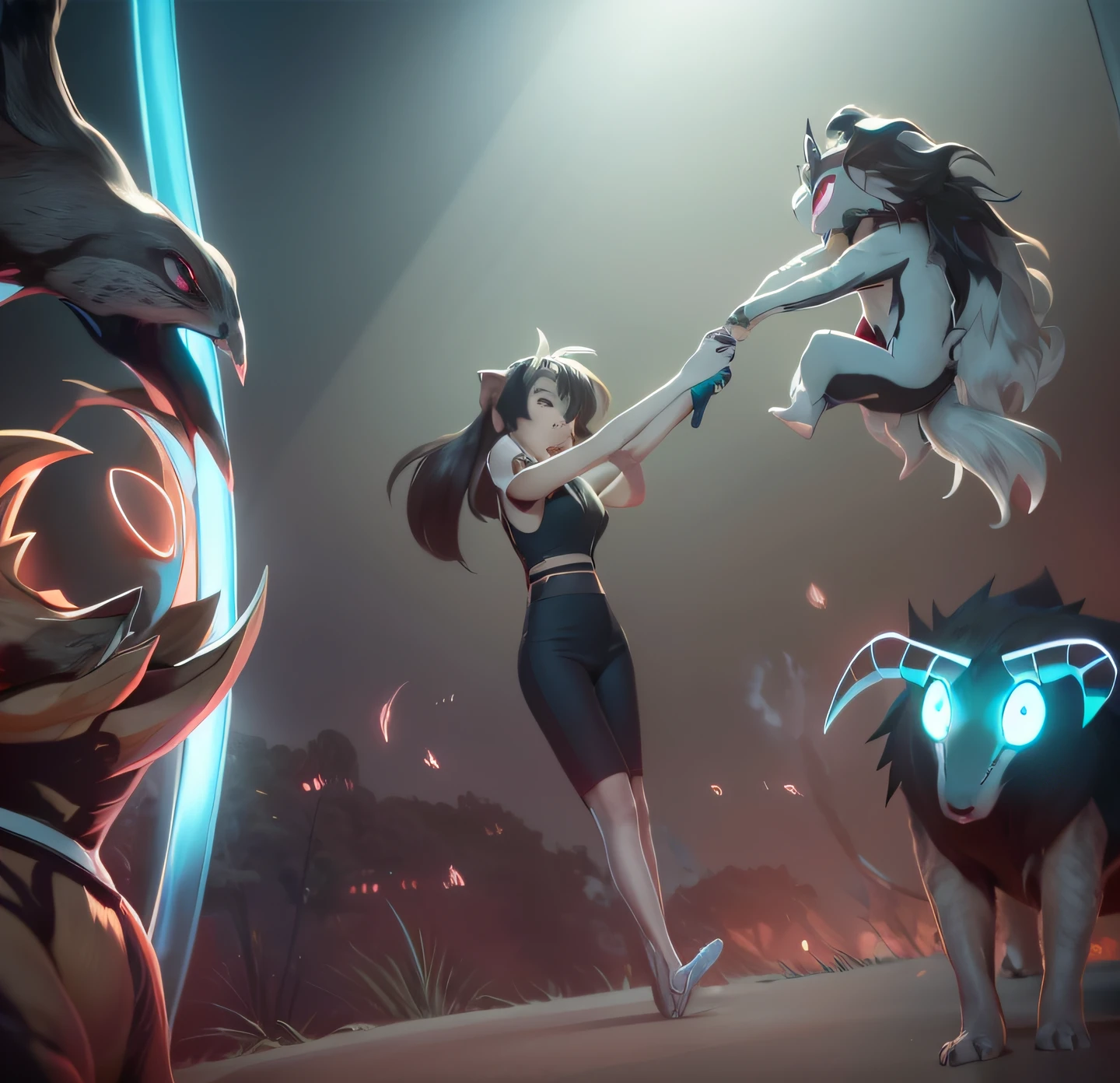 anime girl holding a cat in front of a group of other animals, high quality fanart, official fanart, pokemon anime style, in style of cytus and deemo, overwatch fanart, from cryptid academia, detailed fanart, pokemon art style, pokemon in the wild, pokemon trainer, illustration pokemon, badass composition, Author：New Art, dnd fantsay art, fan art