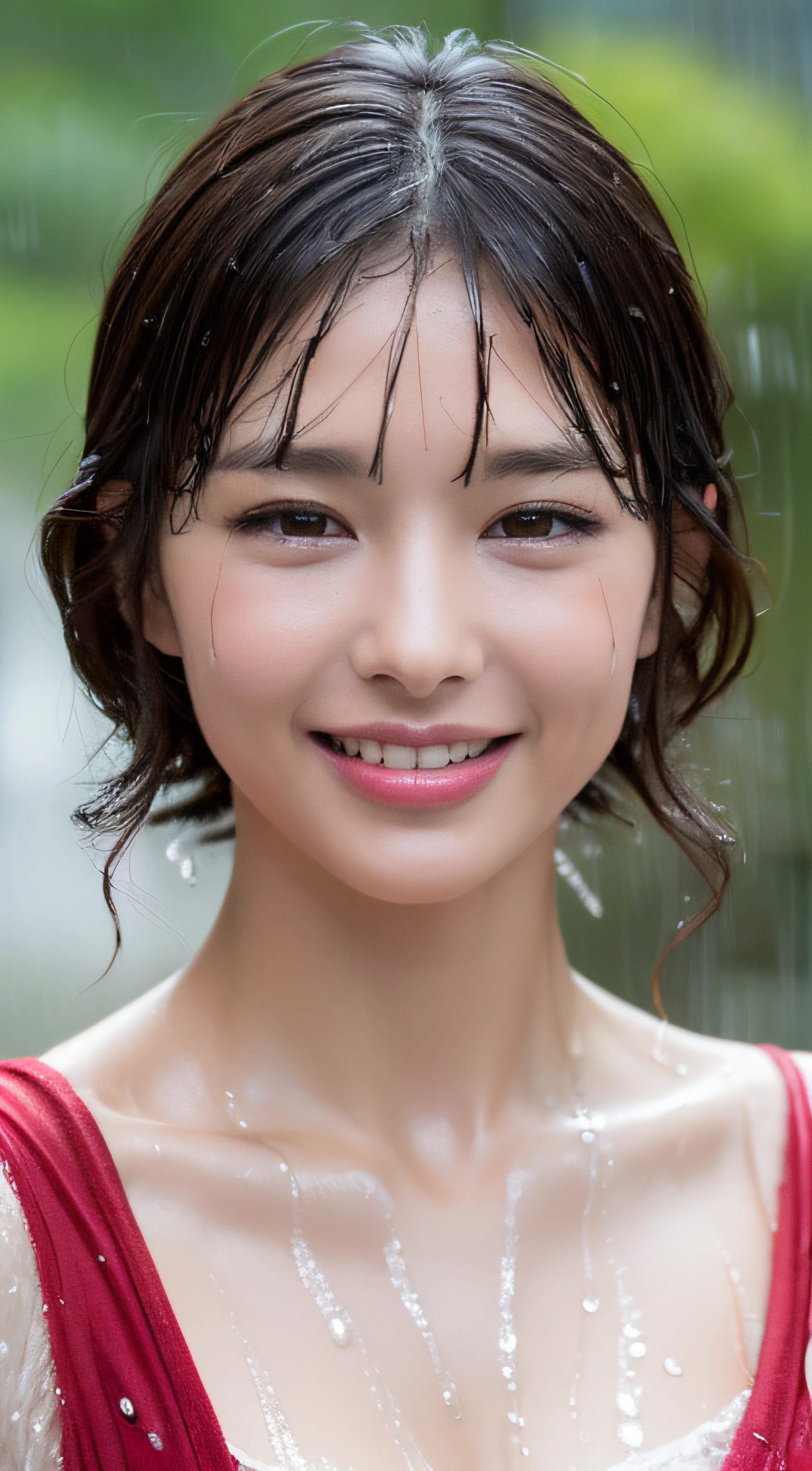 (The Highest Quality、4k、master masterpiece:1.3)、beautiful Female、女性1人、(Chest、Attractive body:1.2)、Abdominal Muscles:1.1、Dark Brown Hair:1.1、(rainy wet、Wet in the rain、Wet body:1.2)、The ultra-detailed Face、detailed lips、Detailed eye、Double Eyelid、smile