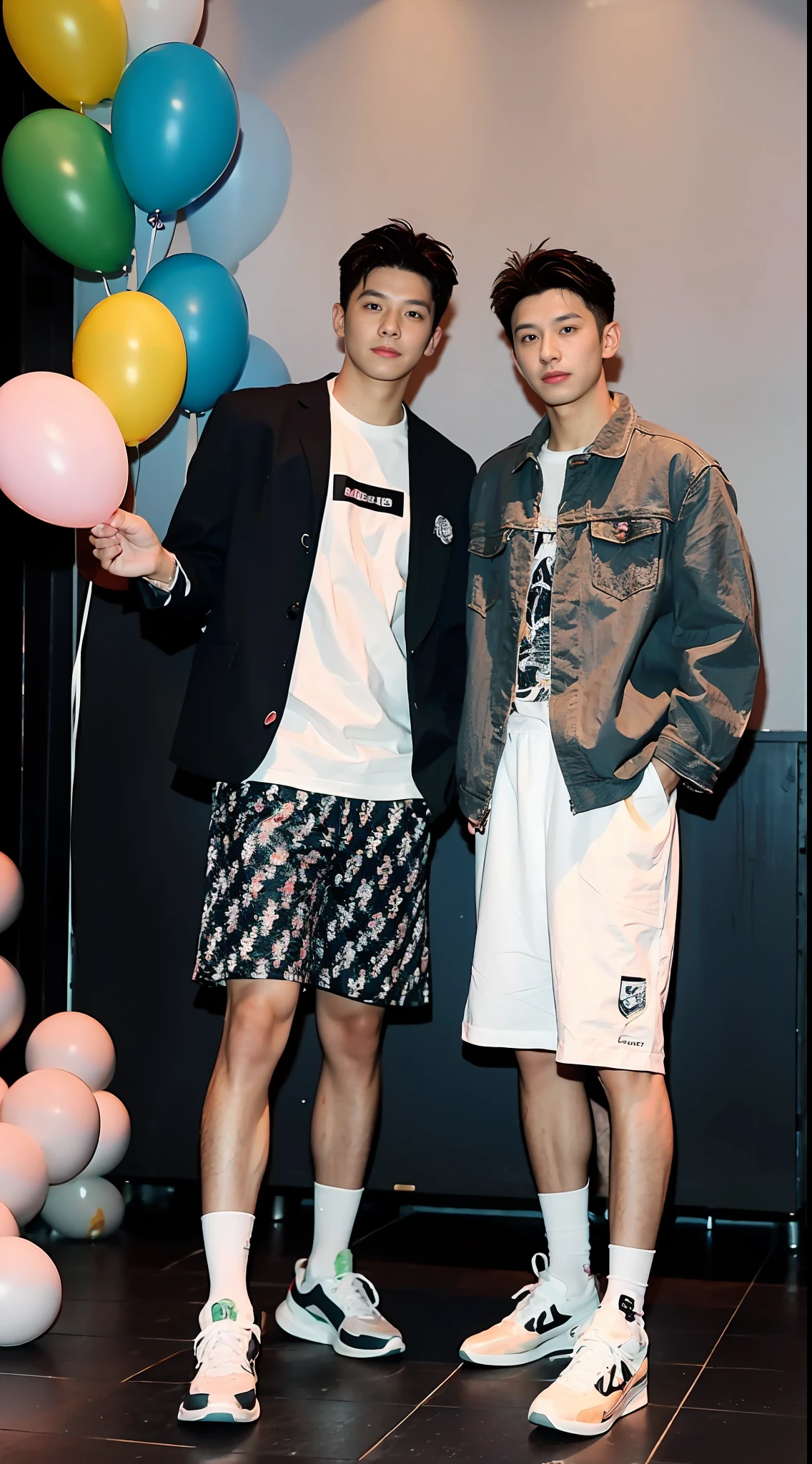 (handsome chinese guy:1.5),Two men holding balloons in their hands,The background is full of balloons,Atmosphere,Small fresh,detalhes realistas, photorealistic photo,Textured Skin,Looking towards the camera,18岁男生,studio,danshi koukousei,model,Long legs