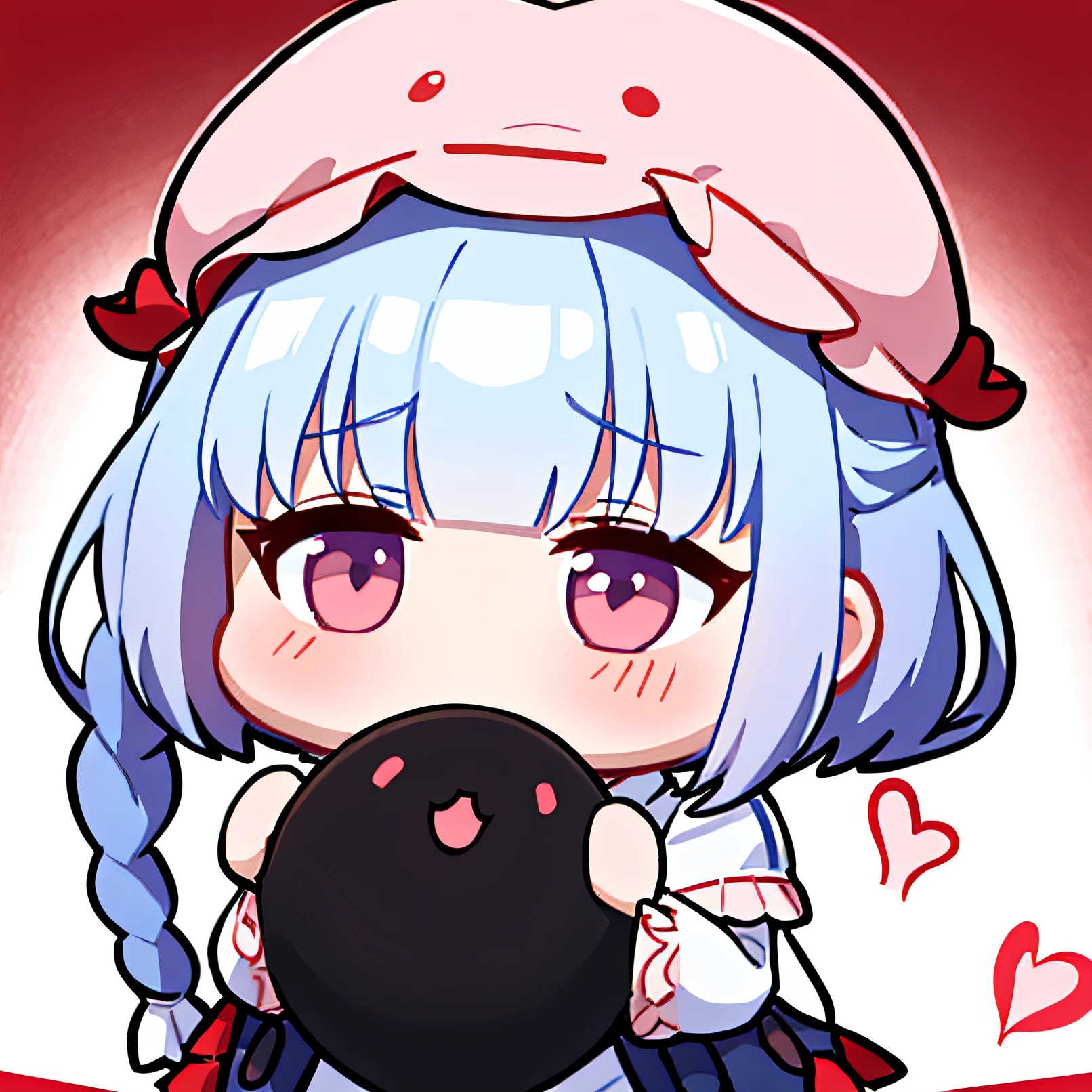 Kanna Kamui, chibi, Sozinho, holding a heart and big red, cabelo branco, Braids, vestido rosa, roupas rosa, mangas longas, gravata borboleta rosa, pink bow on head, chifres, gargantilha, Holding a giant red heart, feliz, fundo branco