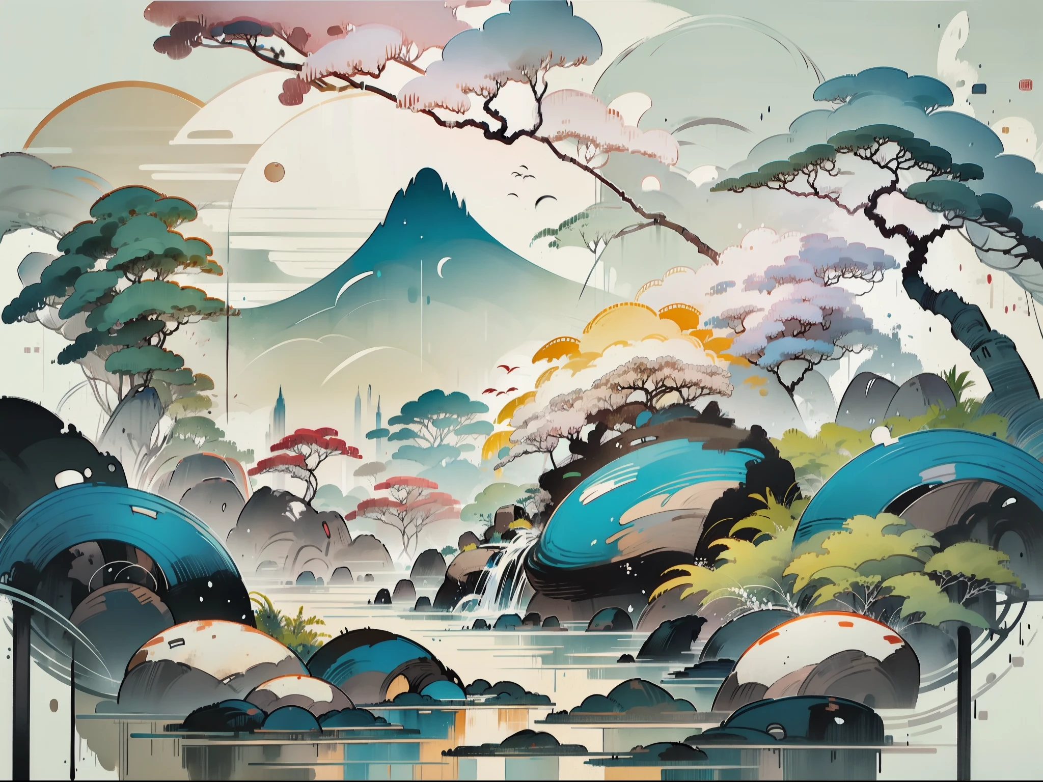 An oriental landscape painting, ancient China, extremely pure white background, dreamy, romantic, old-fashioned, 3D, 8K, spotlight, extremely fine details, wabi-sabi style,