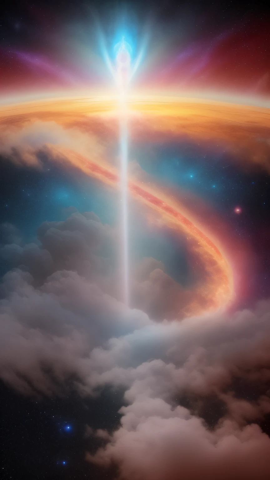 Incredible and spectacular scene,An ancient figure with long white hair and white clothes appeared from the glowing cloud with a flute,Fractal nebula line,cosmic entities,celestial beings,Cosmo,vibrant and vivid,swirls,rotating,unrealistic,High Contrast,Co-metabolism,Magical,Enigmatic,Enigmatic,HyperRealistic,Oversaturation,COLORFUL,Cloud transparency