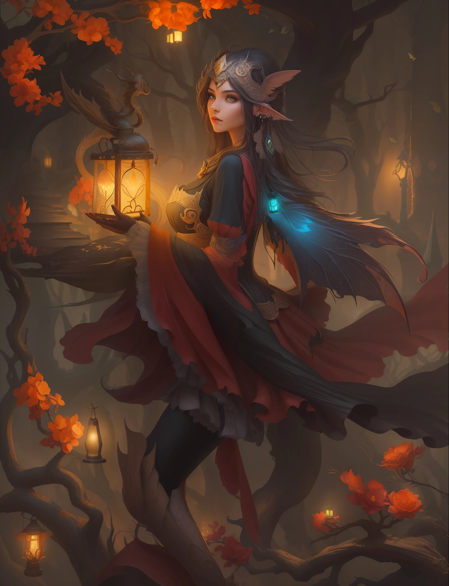 Painting depicting a woman, holding a lantern on a tree, beautiful fantasy art, detailed fantasy art, beautiful fantasy painting, very beautiful fantasy art, detailed fantasy digital art, beautiful fantasy maiden, fantasy style art, beautiful detailed fantasy, breathtaking fantasy art, fantasy art, 4k fantasy art, hd fantasy art, 4 k detail fantasy, digital art fantasy art, amazing fantasy art