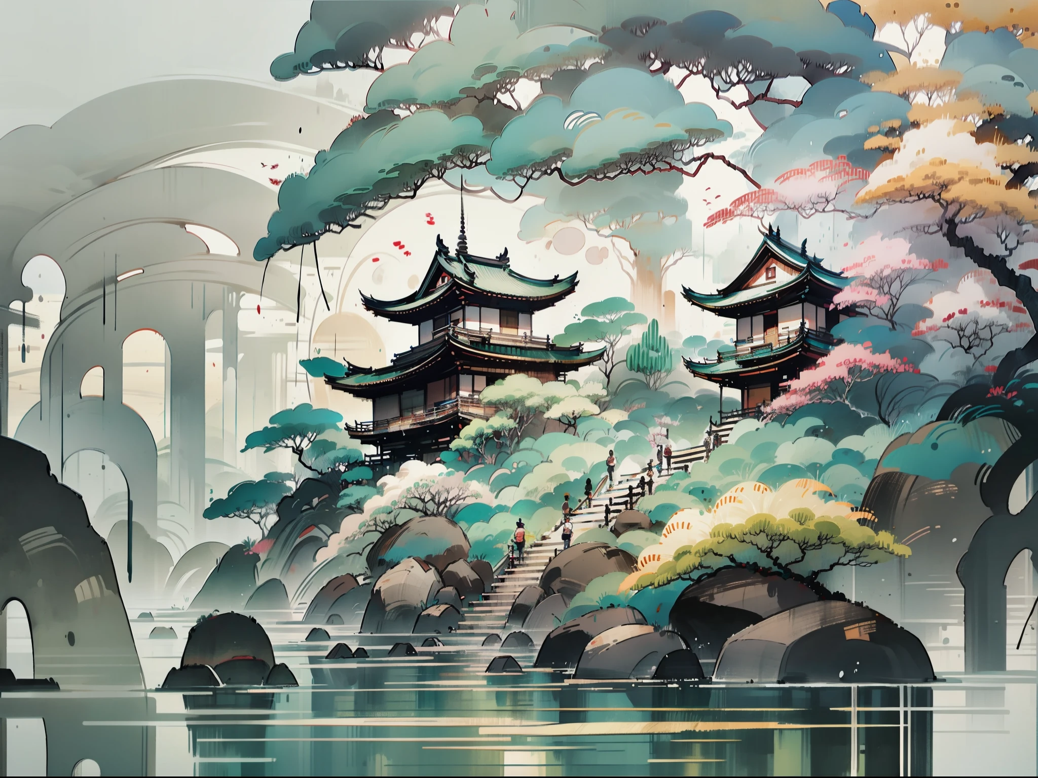 An oriental landscape painting, ancient China, extremely pure white background, dreamy, romantic, old-fashioned, 3D, 8K, spotlight, extremely fine details, wabi-sabi style,