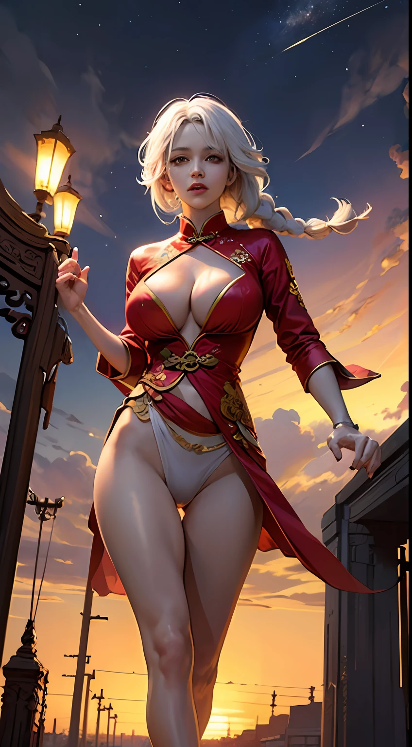 Best,master masterpiece,White Hair,Golden eyes,Ancient style China,on cheongsam,hair braid,fair skin,hair long,gigantic tits,4K,8K,star lit sky,on night,A bottom-up perspective,Positive perspective,standing a,leg apart,run out,naked body,exposed Cleavage ,loExposure --auto