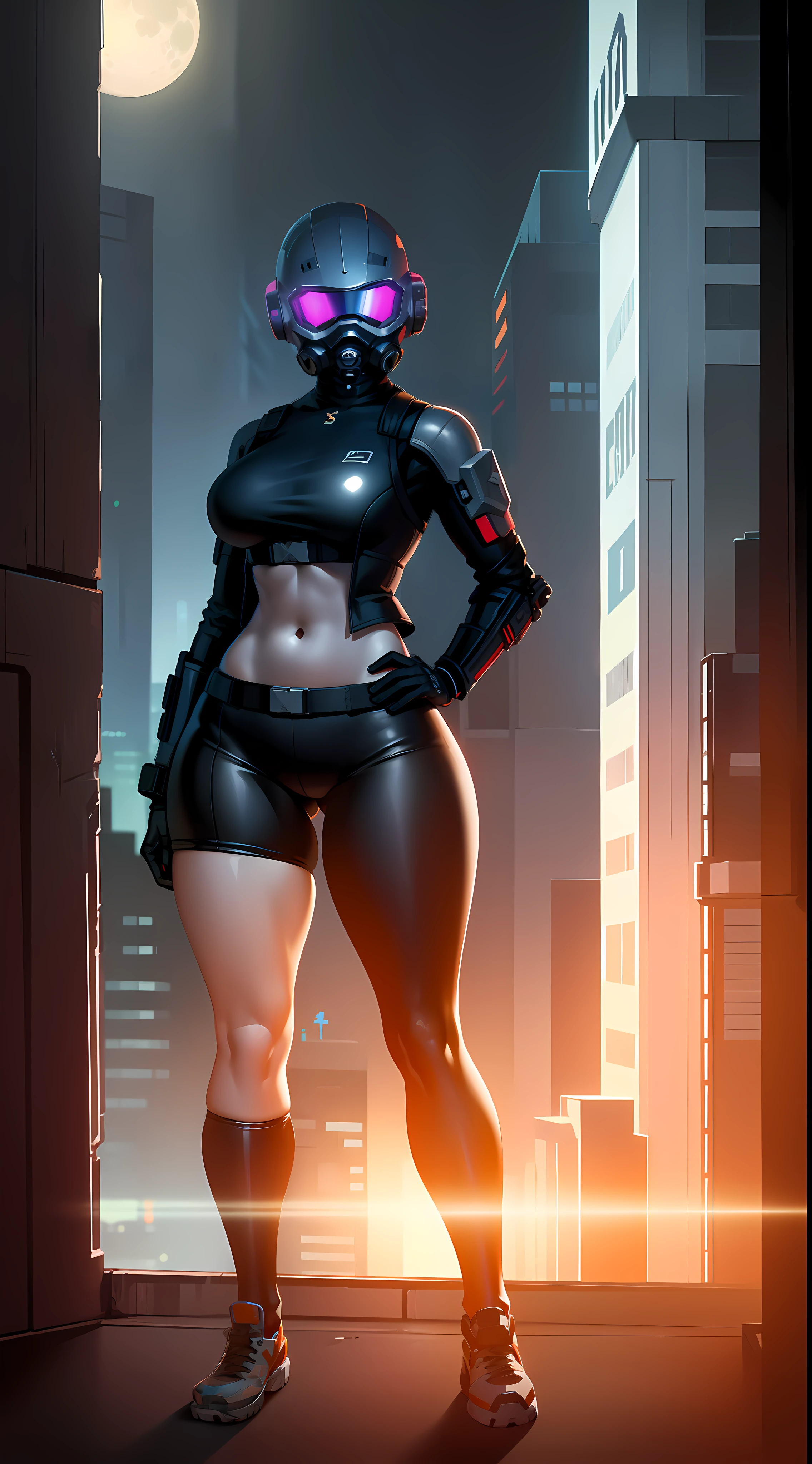 1girl, anime girl, commission for high res, thicc, [ 4 k digital art ]!!, sfw version, detailed fanart, oc commission, character is in her natural pose, anime lush, combine assassin, 1girl, solo, helmet, gloves, military, science fiction, shoulder armor, bulletproof vest, goggles, glowing eyes, petite, black bodysuit, white armor, large breasts, ass, presenting, wide hips, combine assassin, cyberpunk, city, tower, dystopia, neotokyo, ghost in the shell, blue camo, white vest, skintight, exposed thighs, exposed stomach, exposed hips, sexy tight clothes, full body shot, bike shorts, exposed legs, bare legs, street, neon light, blade runner 2049, holograms, hologram billboard, backround characters, backround, police, corporate, rooftop roof, apartment, night time, moon stars, night sky, drone, camera, controller,