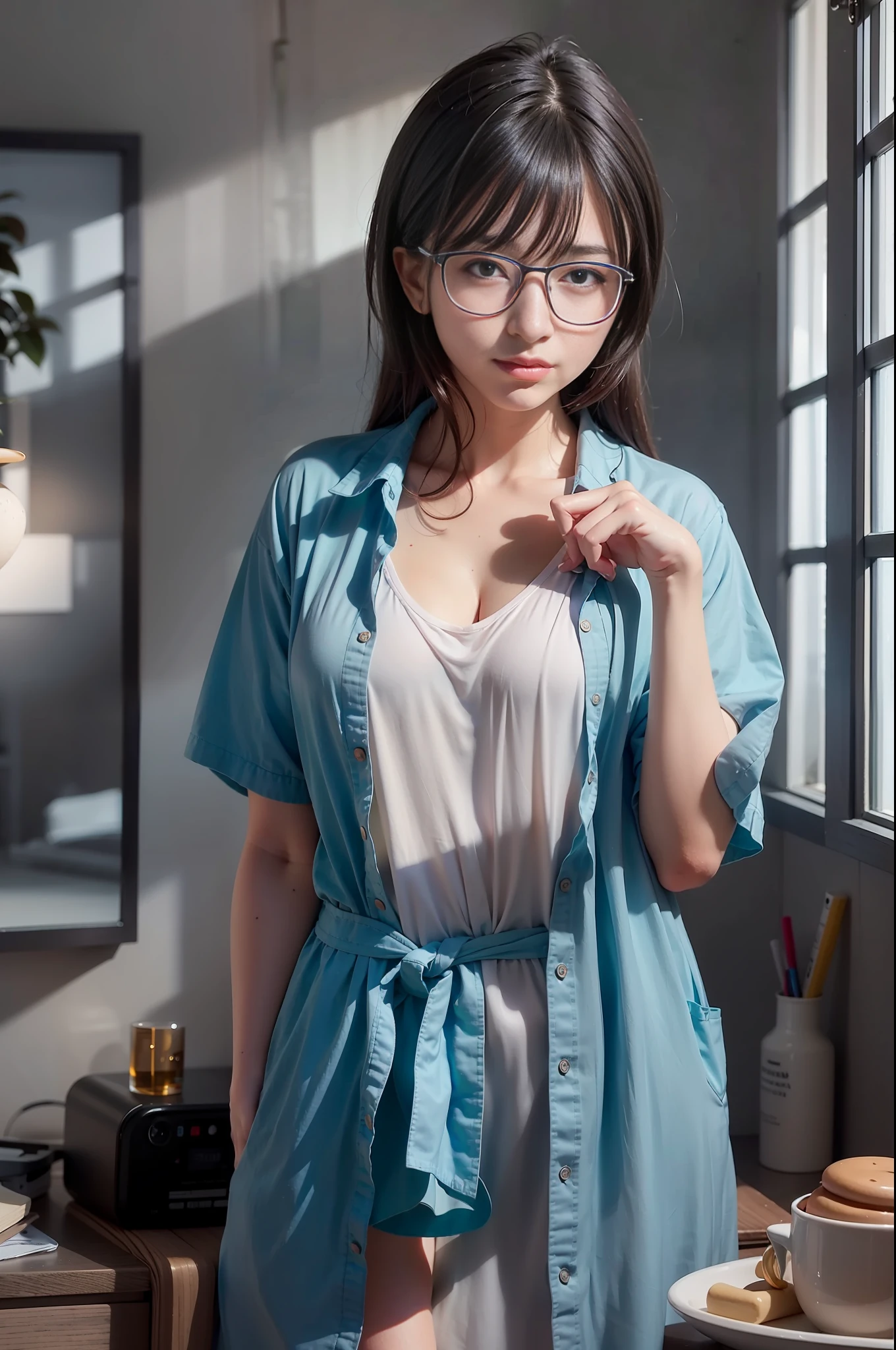 woman in blue shirt and glasses standing by window in room, photo taken with nikon d750, photo taken with nikon d 7 5 0, taken with canon eos 5 d mark iv, captured on canon eos r 6, shot on nikon z9, wearing lab coat and glasses, shot on canon eos r5, shot on canon eos r 5