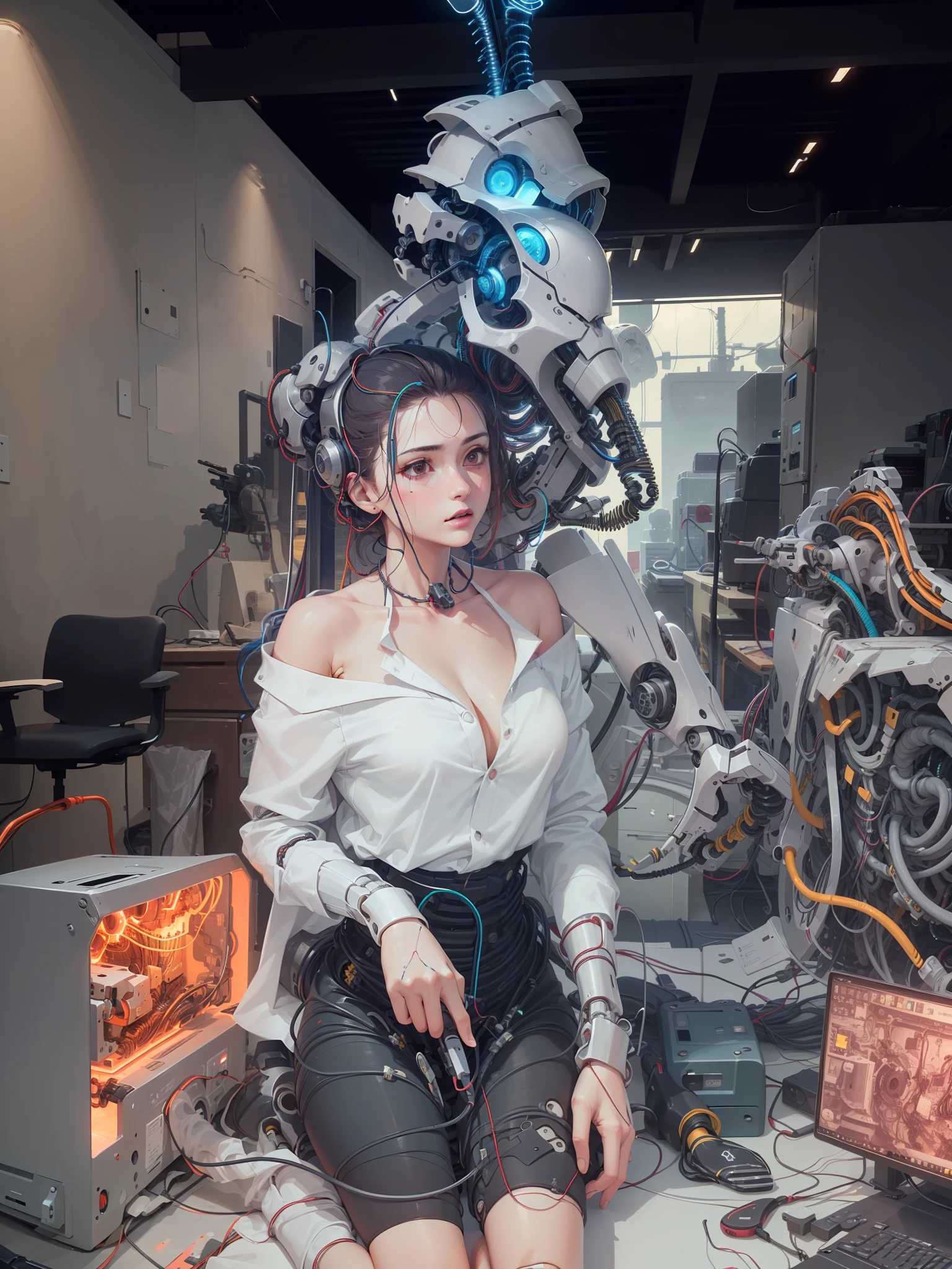 (((masterpiece))), ((((best quality)))), (((ultra-detailed))), (highly detailed CG illustration), ((an extremely delicate and beautiful)),(cute delicate face),cinematic light,((1mechanical girl)),solo,full body,(machine made joints:1.4),((machanical limbs)),(blood vessels connected to tubes),((mechanical vertebra attaching to back)),((mechanical cervial attaching to neck)),((sitting)),expressionless,(wires and cables attaching to head and body:1.5),(character focus),science fiction