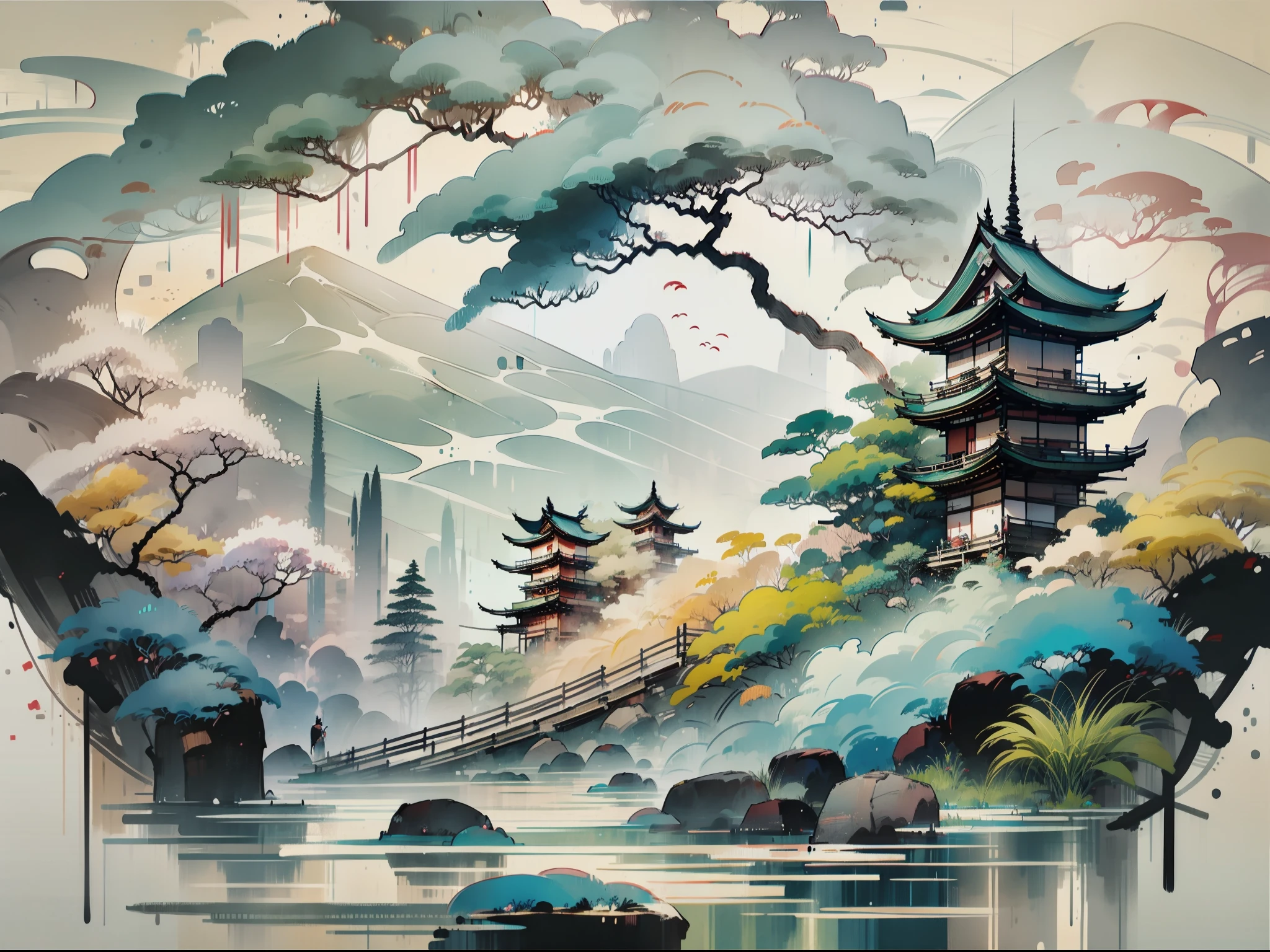 An oriental landscape painting, ancient China, extremely pure white background, dreamy, romantic, old-fashioned, 3D, 8K, spotlight, extremely fine details, wabi-sabi style,