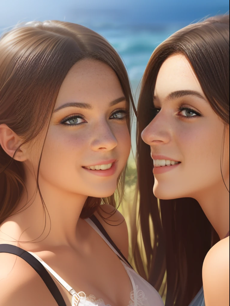 atural light, top quality, masterpiece, illustration, very delicate and beautiful, highly detailed, CG, unity, 8k wallpaper, amazing, detailed, masterpiece, top quality, official art, highly detailed CG Unite 8k wallpaper, silly, incredibly silly, huge file size, super detailed, high resolution, highly detailed, beautiful detailed girls, highly detailed eyes and faces, beautiful detailed eyes, (RAW photos , best quality), (realistic, photorealistic: 1.3), light on face, masterpiece, best quality, full body, (full body shot:1.3), portrait of 2 girls, (russan girls:1.5), (16 years old), (detail face, nose and eyes), (smile:1.2), blonde heir, (waering see-through summer dress with leace trimmed under bra and pantie, summer sandal), (one dress is emeald green, another dress is white), (off-sholder), (they play sexual hanky-lanky:1.5), (looking face each other:1.2),(backgraund Aegean Sea side:1.5 )