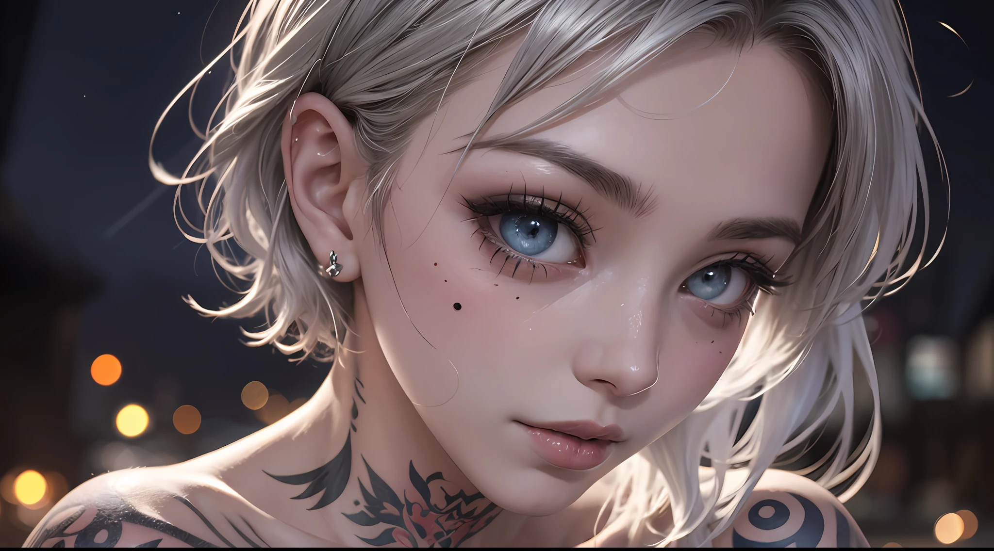 masterpiece, Super detail, The Highest Quality, higher quality, 8k,solo、、,bikinis ,Bikini with extremely little fabric、silver hair,,,,photoreal、short haired、a beautiful background、Under the night sky、Perfect night sky、Tattoos all over the body、Tattoos on the face、Tattoos on the chest、Tattoos on the belly、Tattoos on the arm、long eyelashes、Long lower eyelashes、mole below the eye, Dilated pupils, Beautiful eyes, High-definition eyes、jitome, evil, High detail, futurism, Romanticism, Gothic art, Realism, Pop art, ghibli, God Rays, drop shadows, Cowboy shot, Wide-Angular,