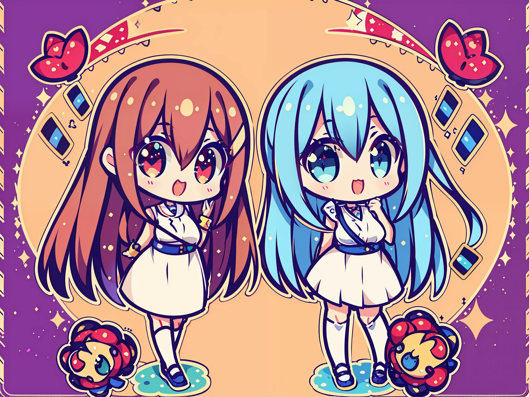 チアガールの2人のアジア人女性です、Wearing a cheergirl uniform、Sleeveless clothes、skirt by the、Yui has brown hair and long hair.、Aya has dark blue hair and long hair.、Eye color is the same as hair color、Wearing the same clothes、chum、Both of them smile、Have a bonbon、The costume is as shown in the photo、Glossy silver、small  breasts、Shiny silver clothes、V-neck clothing、No logos and letters on clothes、The clothes are glittery silver uniforms、服をは透けない生地🚿🗝📝 🔞🤡 2263539546]、❤🔥🍄🌪、8k))、anime style、Mascot type、The background is solid blue.、