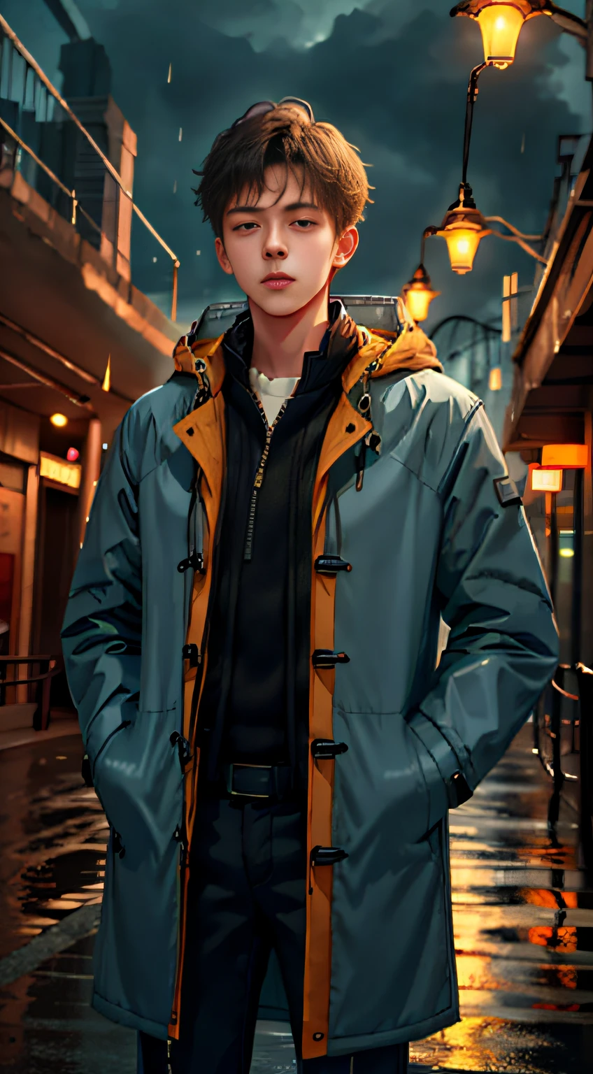 1boy,night city,rain,coat,hands in pockets