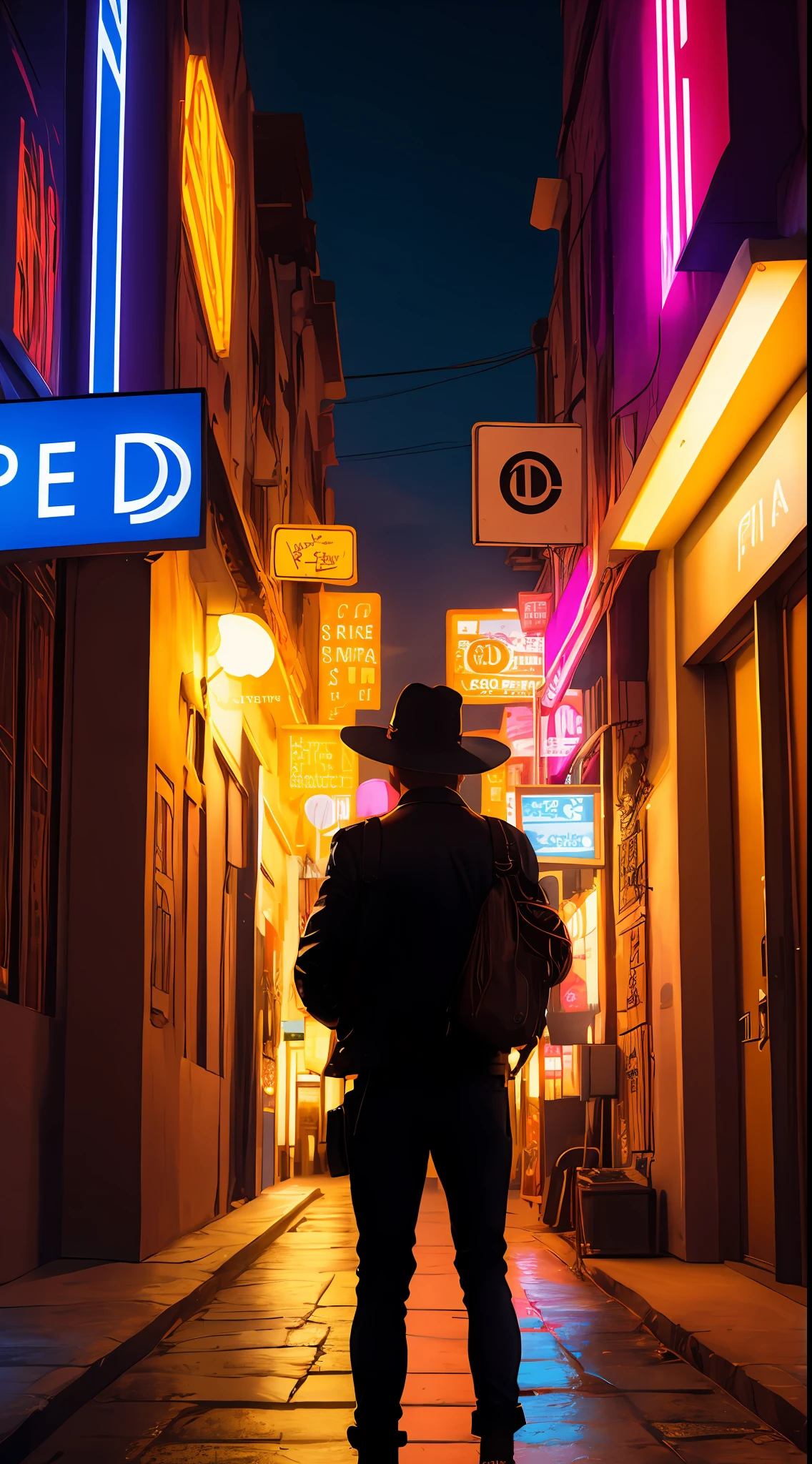 Obra-prima, Um beco estreito e escuro, com uma figura misteriosa vestida com um casaco longo e um largo-brimmed hat, illuminated only by the colorful reflections of holographic signs, noite, cyberpunk aesthetic, very detailed lighting, dramatic, arte digital tendência em Artstation 8k HD de alta definição detalhado realista, detalhado, textura da pele, hiper detalhado, textura de pele realista, armadura, melhor qualidade, ultra alto nada, (fotorrealista: 1.4), hight resolution, detalhado,  Foto crua, Afiado Re, por Lee Jeffries Nikon D850 Film Fotografia de Stock 4 Kodak Portra 400 Camera F1.6 Lens Rich Colors Hyper Realista Textura realista Iluminação dramatic UnrealEngine tendência em ArtStation Cinestill 800