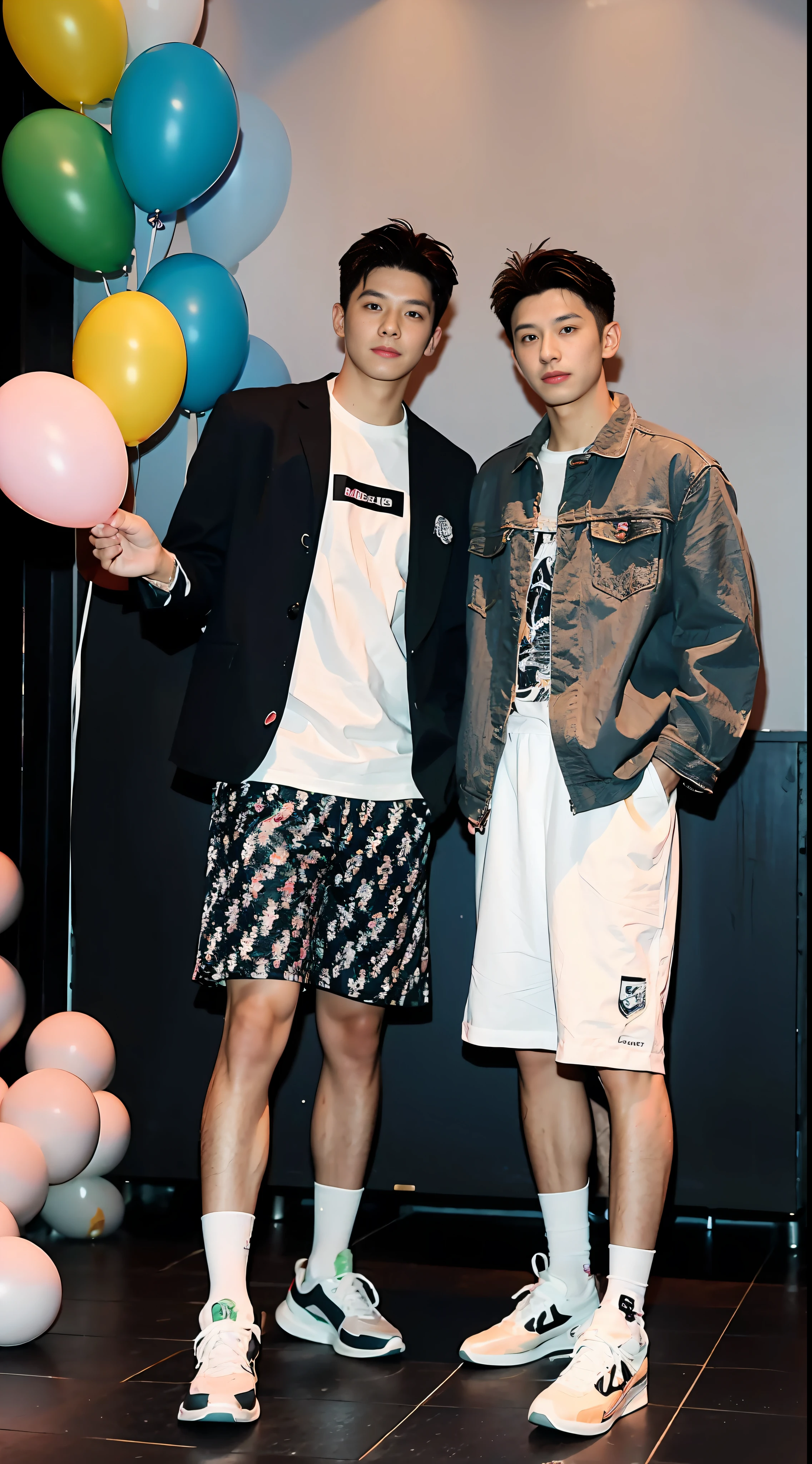 （handsome chinese guy：1.5），Two men holding balloons in their hands，The background is full of balloons，Atmosphere，Small fresh，detalhes realistas， photorealistic photo，Textured Skin，Looking towards the camera，18岁男生,studio,danshi koukousei，model，Long legs