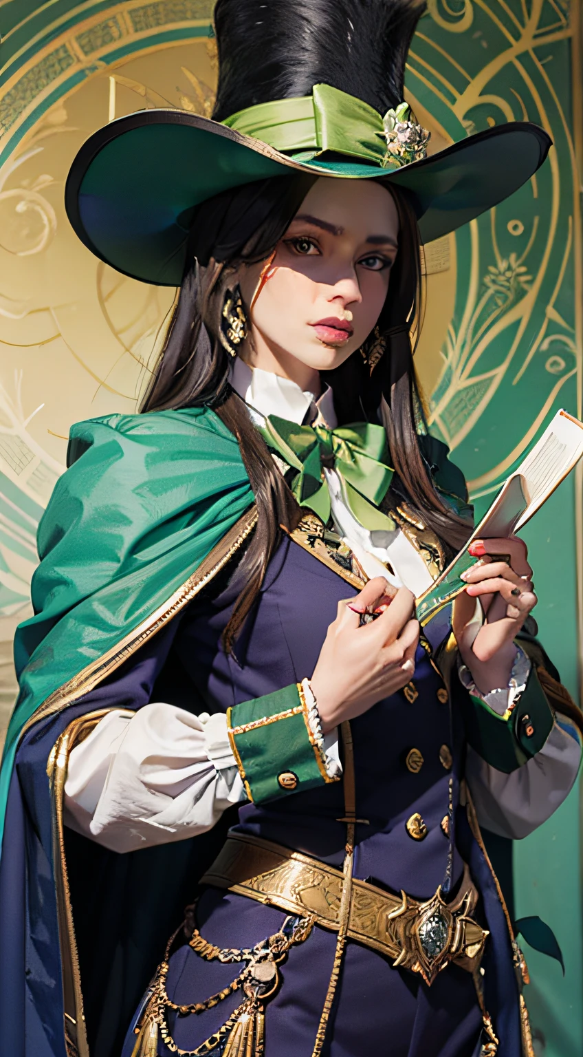 The logo is shaped like a wizard with a shimmering green top hat. The top hat is a vibrant green and has a touch of yellow gold-ouro para adicionar um elemento de luxo. The wizard also wears a shimmering green shirt that glows softly. Sobre a camisa, ElE's vestido com uma capa deslumbrante, ricamente detalhada, com fios de ouro e tons de violeta aveludado. The cover adds a touch of mystery and elegance to the logo. The magician holds a book in his hand, representando conhecimento e sabedoria.
The logo is stylized in a super way-realista, com detalhes meticulosos e uma nitidez, Vivid appearance. A resolução é em full HD 48k, garantindo qualidade e clareza excepcionais. The background is a velvety purple violet, proporcionando um contraste sofisticado e destacando o mago e todos os detalhes do logotipo.