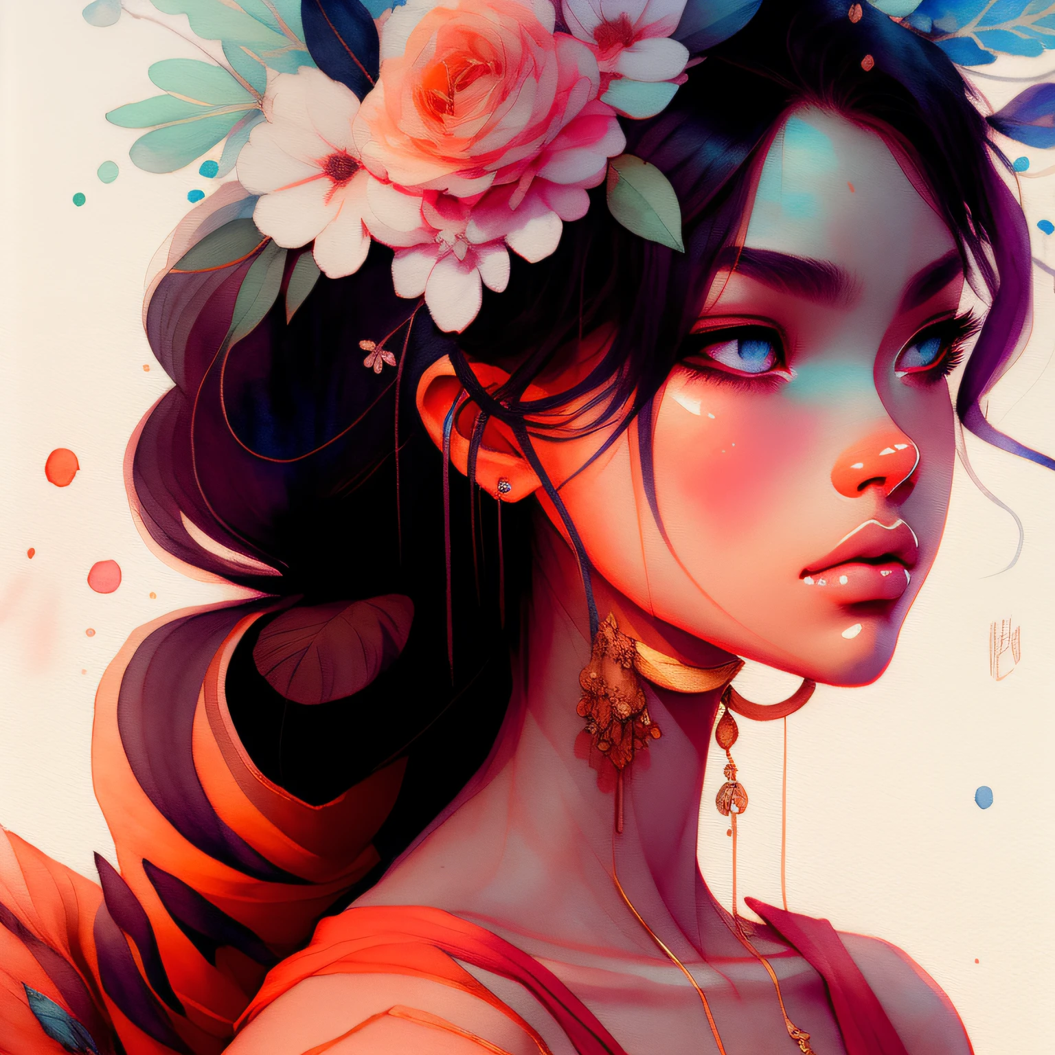Wtrcolor style，（Long eyelashes，Black eyes），The dress，official arts，front side，master masterpiece，beatiful，（（watercolors）），paint splashes，Complicated Detail。Very Detail，[drops:0.5]，Trends on Artstation，Rachel Walker