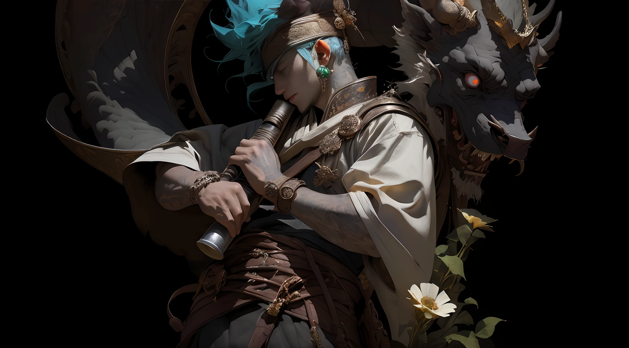 A man playing an instrument,Atmospheric distance sense,Full body diagram,Epic fantasy digital art style,Epic fantasy art style HD,Epic fantasy art style,detailed fantasy digital art,Epic fantasy style art,epic exquisite character art,4K幻想艺术,2。5 D CGI 动漫奇幻艺术品,The man wears a flower on his head,photo of the most beautiful artwork in the world,Has a soft sheen,((Epic heroic fantasy,fantastic location,Majestic surroundings), 全身 8k 统一渲染, Action shot, Skin Pore, Heavy shadows, detailded, Detailed face, (full of vitality, Photo realistic, PhotoRealistic, Dramatic, The dark, Sharp focus, 8k), (sophisticated:1.4),decadent,(highly detaild:1.4),Digital painting artstation,concept art by theCHAMBA,smoothing,Sharp focus,illustartion,The art of artgerm,(loish:0.23),wlop ilya kuvshinov, and greg rutkowski and alphonse mucha gracias, (global lighting, Studio light, Volumetric Light), Particles float,The face is rich in detail,The man had an indifferent expression,The eyes are green,There is a fire in the eyeballs,Ghost teeth are sharp,The teeth are rich in detail,Finger refinement,Ghost teeth HD details,high detailed fingers,There are only five fingers,Remove excess fingers,Human finger detail HD highest quality,The man's eyes are more detailed,Men are older