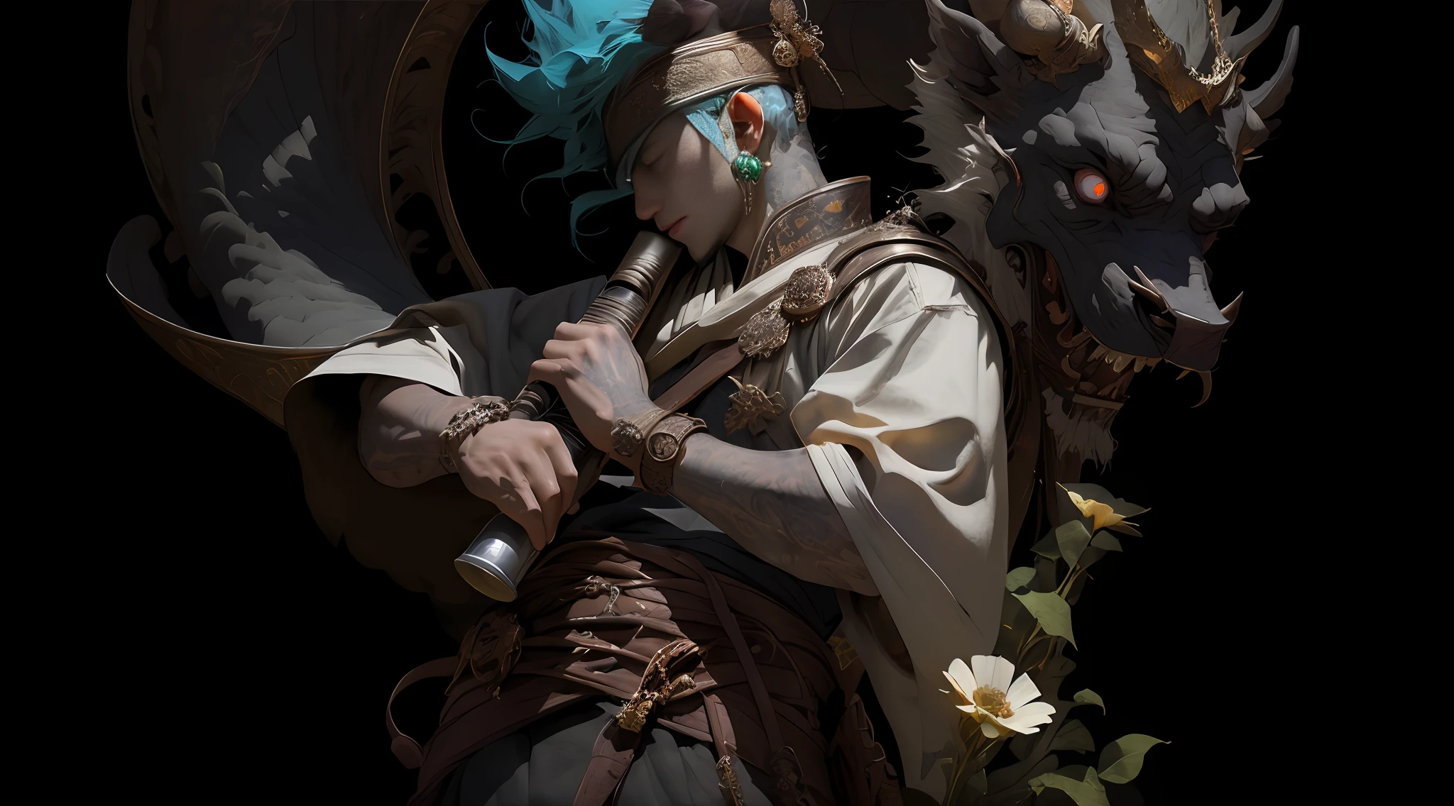 A man playing an instrument,Atmospheric distance sense,Full body diagram,Epic fantasy digital art style,Epic fantasy art style HD,Epic fantasy art style,detailed fantasy digital art,Epic fantasy style art,epic exquisite character art,4K幻想艺术,2。5 D CGI 动漫奇幻艺术品,The man wears a flower on his head,photo of the most beautiful artwork in the world,Has a soft sheen,((Epic heroic fantasy,fantastic location,Majestic surroundings), 全身 8k 统一渲染, Action shot, Skin Pore, Heavy shadows, detailded, Detailed face, (full of vitality, Photo realistic, PhotoRealistic, Dramatic, The dark, Sharp focus, 8k), (sophisticated:1.4),decadent,(highly detaild:1.4),Digital painting artstation,concept art by theCHAMBA,smoothing,Sharp focus,illustartion,The art of artgerm,(loish:0.23),wlop ilya kuvshinov, and greg rutkowski and alphonse mucha gracias, (global lighting, Studio light, Volumetric Light), Particles float,The face is rich in detail,The man had an indifferent expression,The eyes are green,There is a fire in the eyeballs,Ghost teeth are sharp,The teeth are rich in detail,Finger refinement,Ghost teeth HD details,high detailed fingers,There are only five fingers,Remove excess fingers,Human finger detail HD highest quality,The man's eyes are more detailed,Men are older