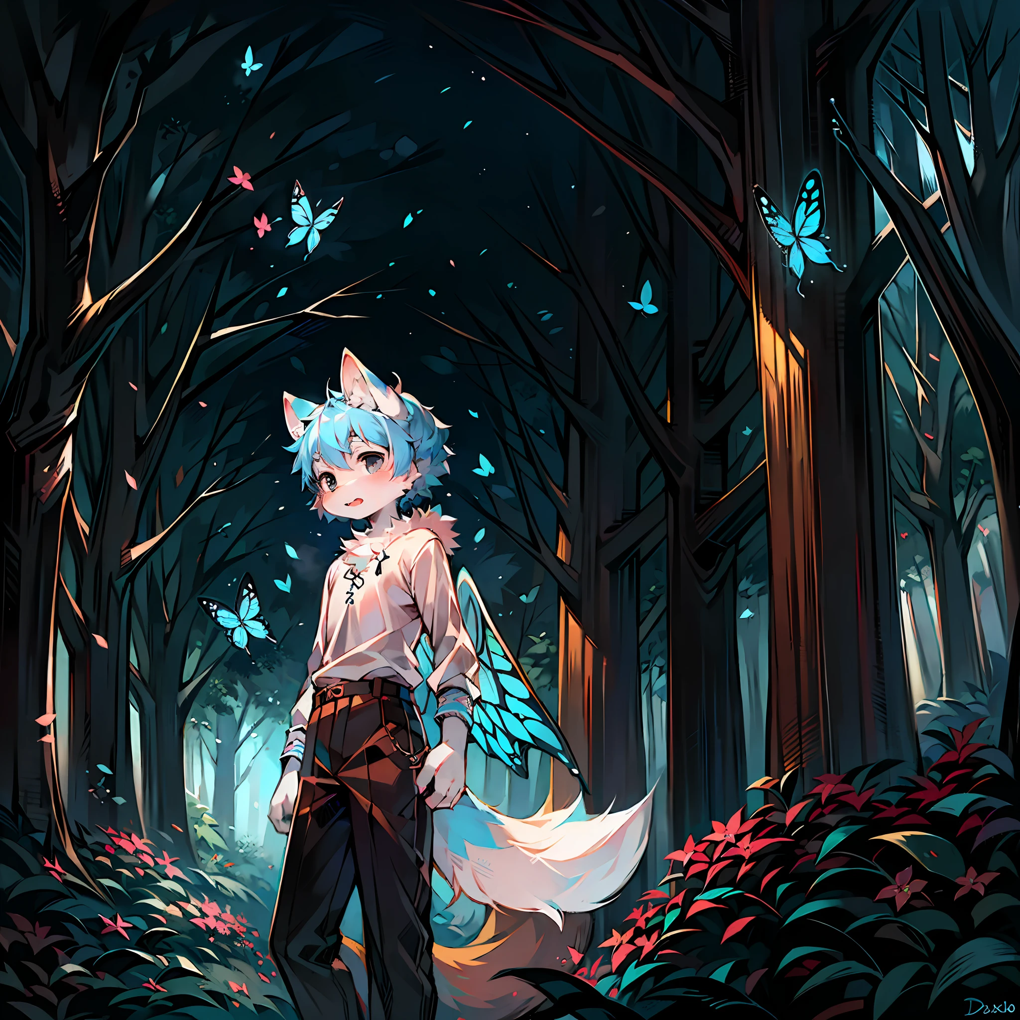 (Dark Environment: 0.8), Masterpiece, High Quality, Abstract Res, Digital Painting\(artwork\), by Dagasi, Yupa, Kiyosan, (Anthro, Fluffy Fur, Character Focus: 0.5), Anthro Male Fox, Butterfly, Short hair, fairy wings, portrait, flying, with butterflies surrounded, bright eyes, panorama, character focus. (Detailed background: 0.7), Solo, Furry, Furry Male, Male Focus, Anthr, (Full body fur, Fluffy tail, Pure white fur, Black eyes, Sky blue hair: 1.2), (Long canine, white top, wings: 1.2), (Wild, Forest, Butterfly, Firefly: 1.5), Junior, Forest background, Butterfly wings, Flying stance, Lots of butterflies around