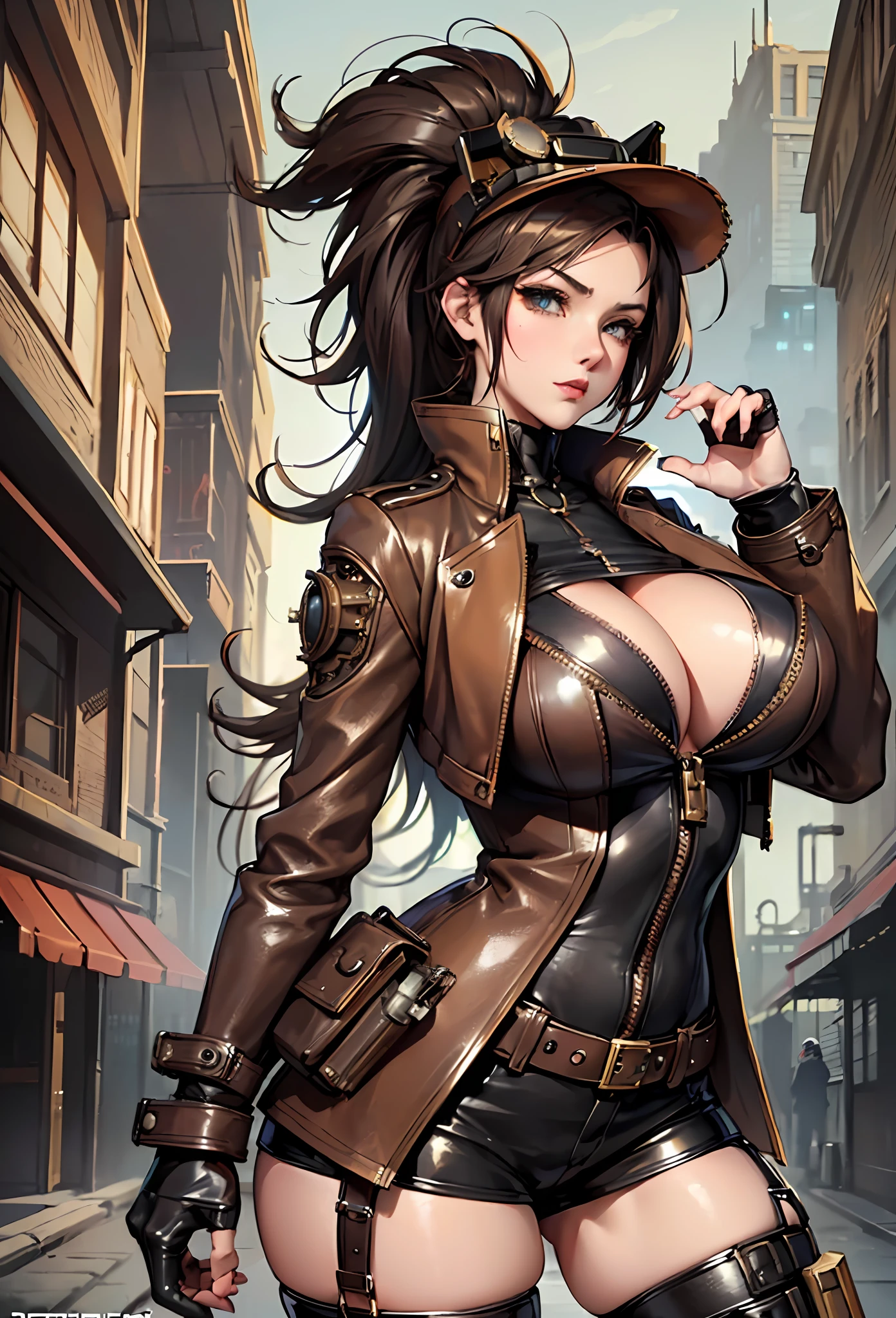 brown clothes colors, steampunk colors,here is a woman in a leather jacket,sexy pose,suggestive lascive face expresion, steampunk beautiful anime woman, by Yang J, female anime girl, stunning character art, anime girl, high quality steampunk art, cyberpunk anime girl, steampunk fantasy style, steampunk concept art, wojtek fus,(((steampunk background,gigantic sagging breast:1.5, pezones en punta :1.5,areola de pezon visible:1.5 )))