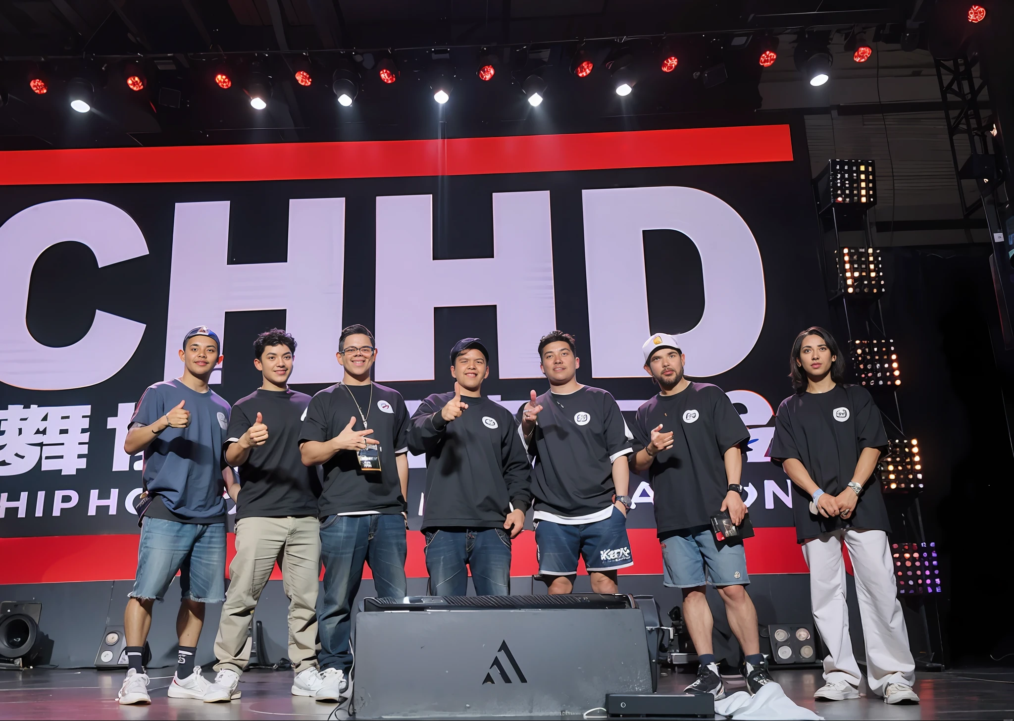 Several people stood on the stage,thumb up,There is a big screen behind him, huhd, h. ved. d, HDRP, 8 khdt, ved. h. d, huhd - 8 k, high detaild, <hdt, hdt 4d, high definition detail, high detaild, hgh, highly detaild, 3 2 k huhd