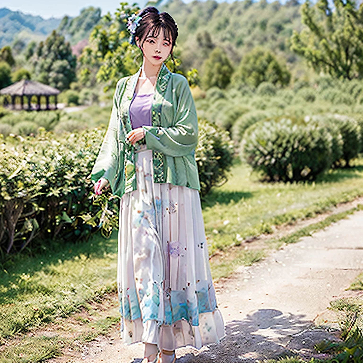 (8k, best quality, masterpiece:1.2), (realistic, photo-realistic:1.2),(Sky of background: 1.2),(full body: 1.2),looking at viewer,hanfu, song style outfits, 1girl, (green short shan:1.2), (white pleated skirt1.2), (purple floral songmo:1.1),full body