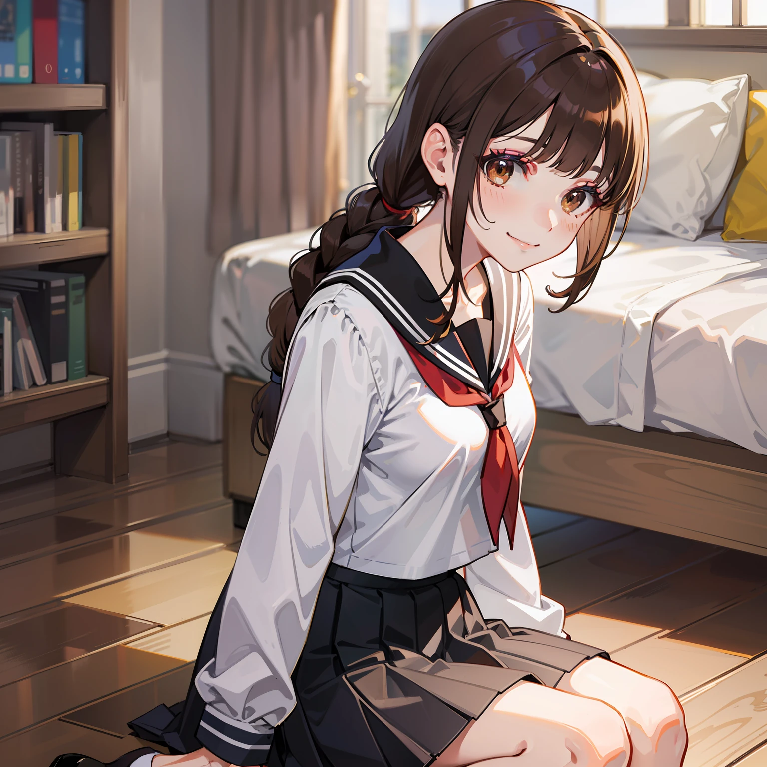 (Best image quality, most detailed, most lifelike), (HD, personalized makeup, pleated skirt, blunt bangs covering forehead, single braid hanging down chest, medium breasts, brown eyes, black/brown hair high ponytail), (best light and shadow, smile, brown eyes), (character image), hair gradient (+high ponytail: 1.2), simple background, white shirt, knees, white socks, pleated skirt, bangs, black sailor collar, neckline, black skirt, long sleeves, library, sitting,