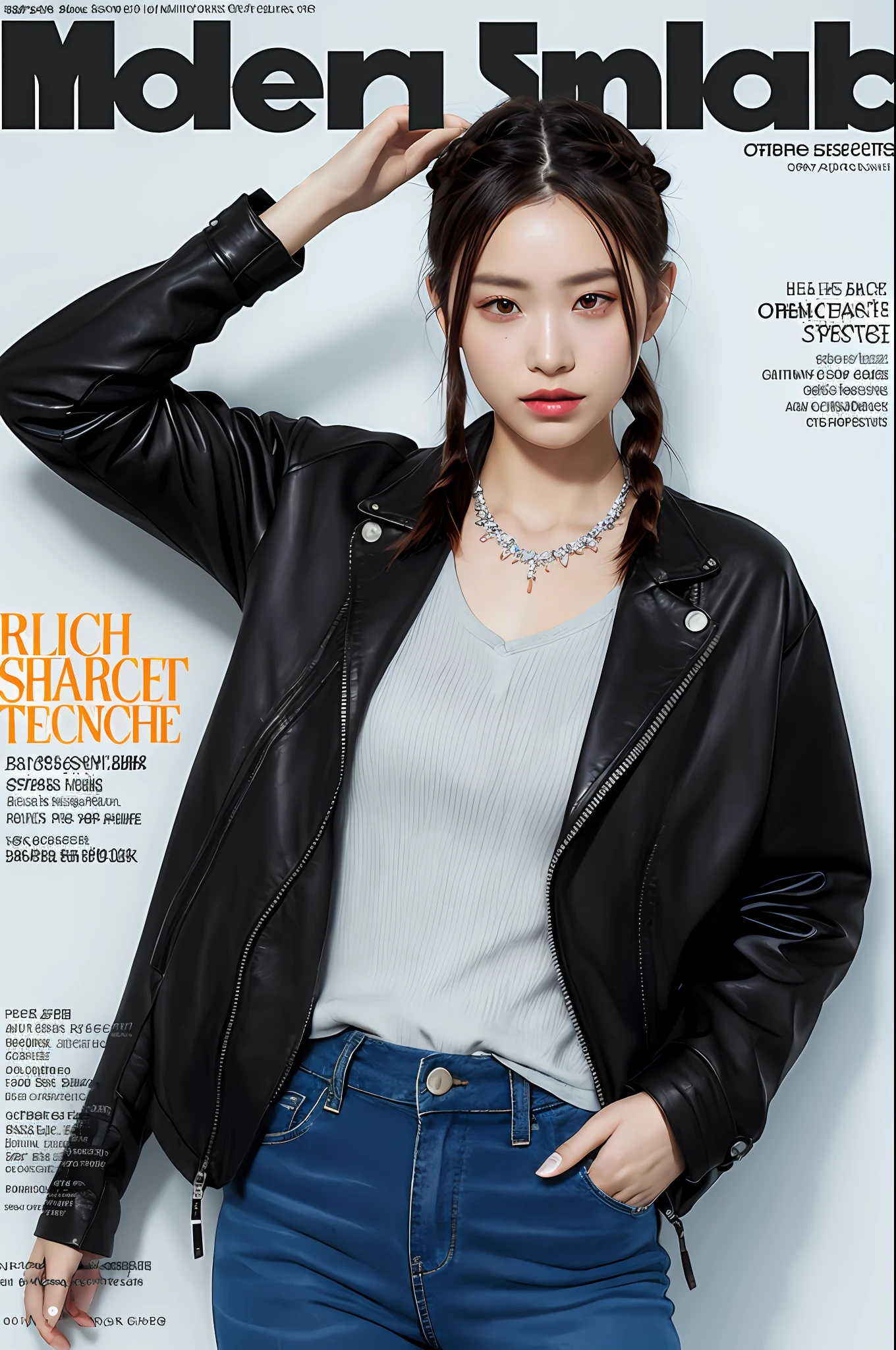(magazine cover:1.3),ulzzang-6500, (realistic: 1.3) (original: 1.2), masterpiece, best quality, beautiful clean face, fullbody, 1woman, (wearing black and white and cobalt scifi techmask and headphones with complex electronics), wearing black techwear jacket and orange trousers with buckle and tape, (crystal necklace), posing for a picture, (white braided bun hair),