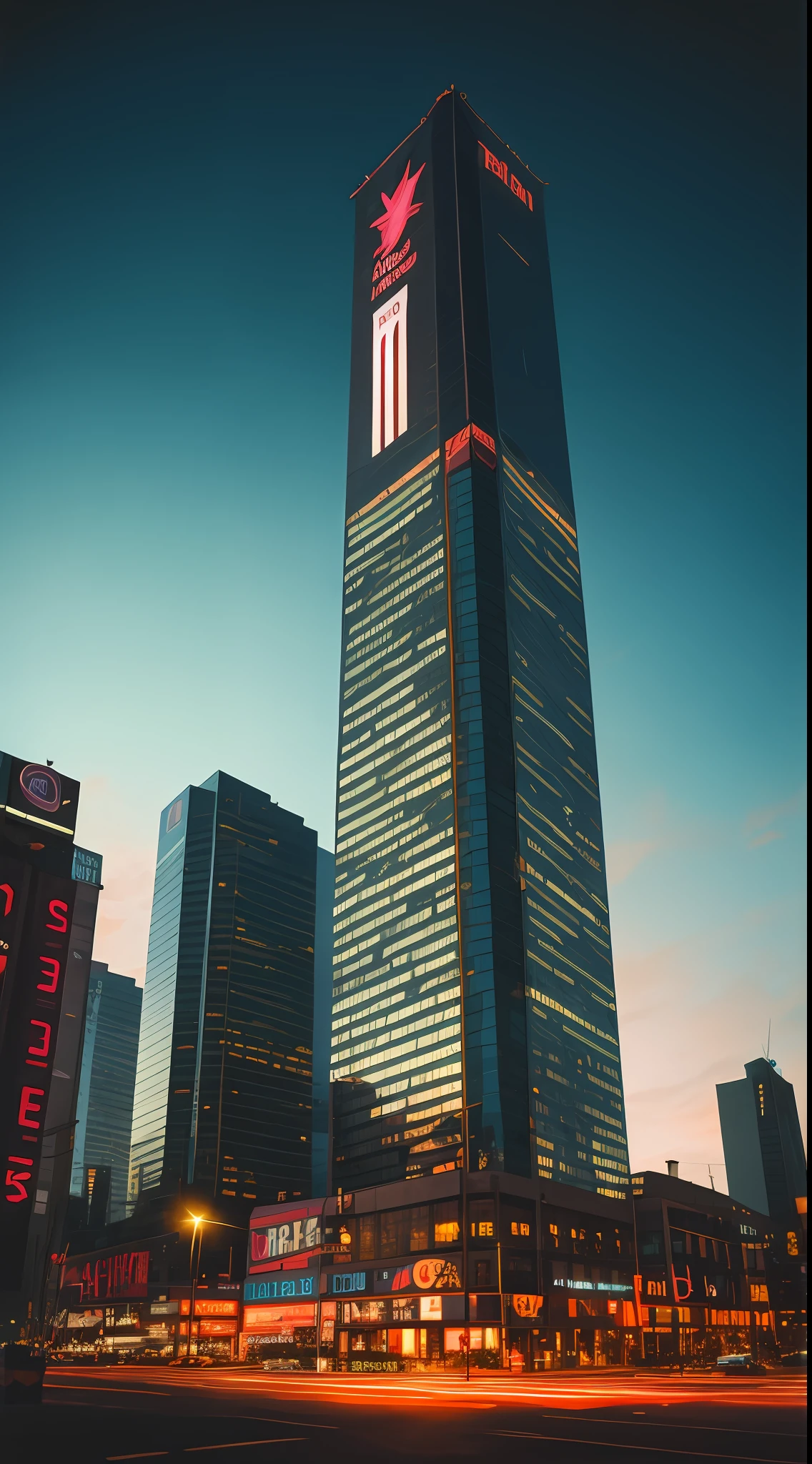 Obra-antes, Uma megaestrutura futurista, como uma torre corporativa gigantesca, with reflective glass panels and hologram ads projected onto its façade., noite, aesthetic cyberpunk, very detailed lighting, dramatic, arte digital tendência em Artstation 8k HD de alta definição detalhado realista, detalhado, textura da pele, hiper detalhado, textura de pele realista, armadura, melhor qualidade, ultra alto nada, (fotorrealista: 1.4), hight resolution, detalhado, Foto crua, Afiado Re, por Lee Jeffries Nikon D850 Film Fotografia de Stock 4 Kodak Portra 400 Camera F1.6 Lens Rich Colors Hyper Realista Textura realista Iluminação dramatic UnrealEngine tendência em ArtStation Cinestill 800