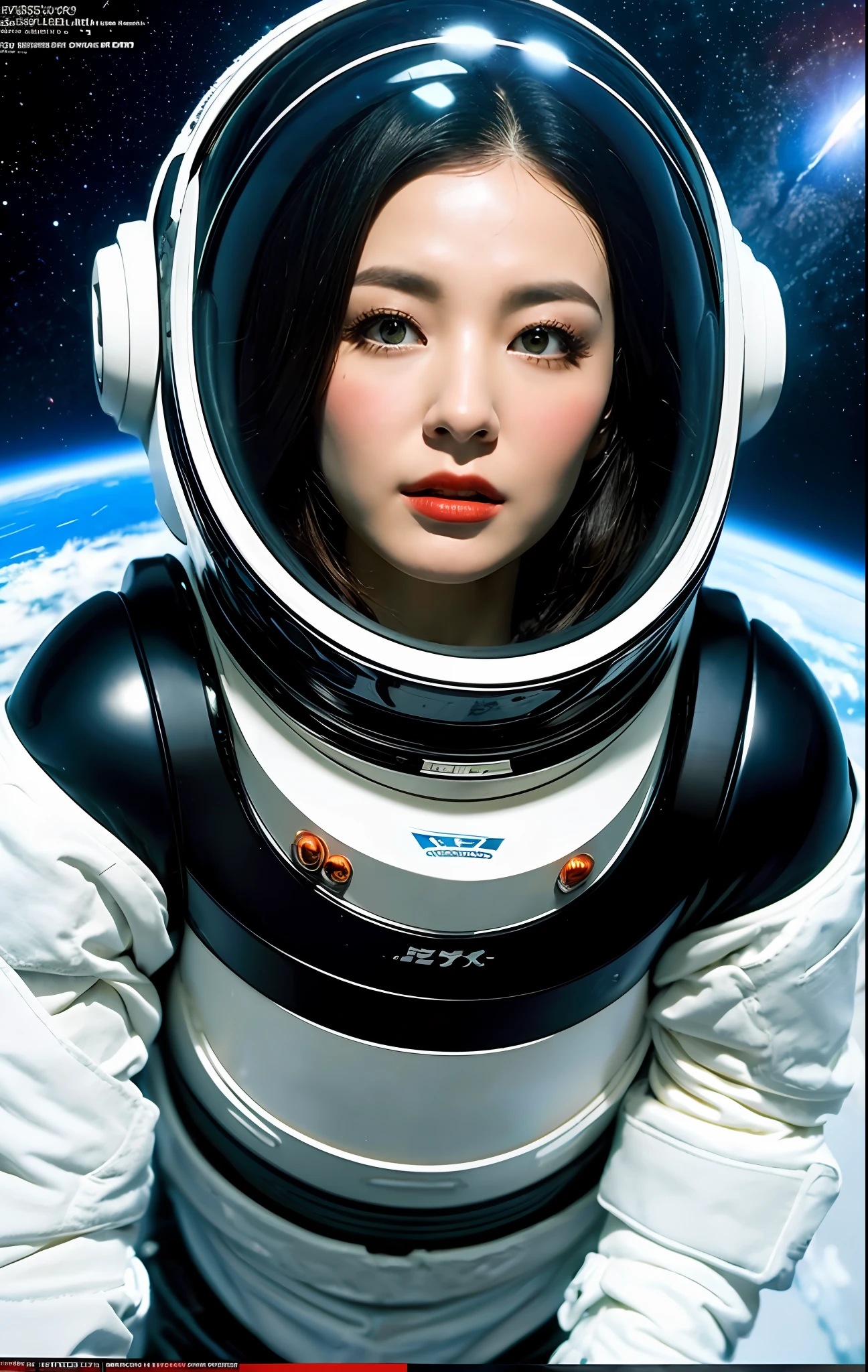 1girl,flat_breasts,cute,beautiful detailed eyes,shiny hair,visible through hair,hairs between eyes, CCCPposter, sovietposter,red monochrome,soviet poster, soviet,communism,
Black_hair,red_eyes,vampire,teenage,poorbreast,Spacesuit:Orange_clothing_body:jumpsuit),white_gloves, white_space shoes, white_helmet, the CCCP red letters on the top of helmet, weightlessness, Side light, reflection, The person in the spacesuit is at the bottom left of the frame, The right hand is outstretched, the right hand gently touches the Salyut space station), Space station in the upper right corner of the screen, Reflected light from the sun, Silver metal,red flag, brilliance,USSR style, diffuse reflection, Metallic texture, The vista is a blue Earth,mecha style,the sea of star,high tone, magnificent