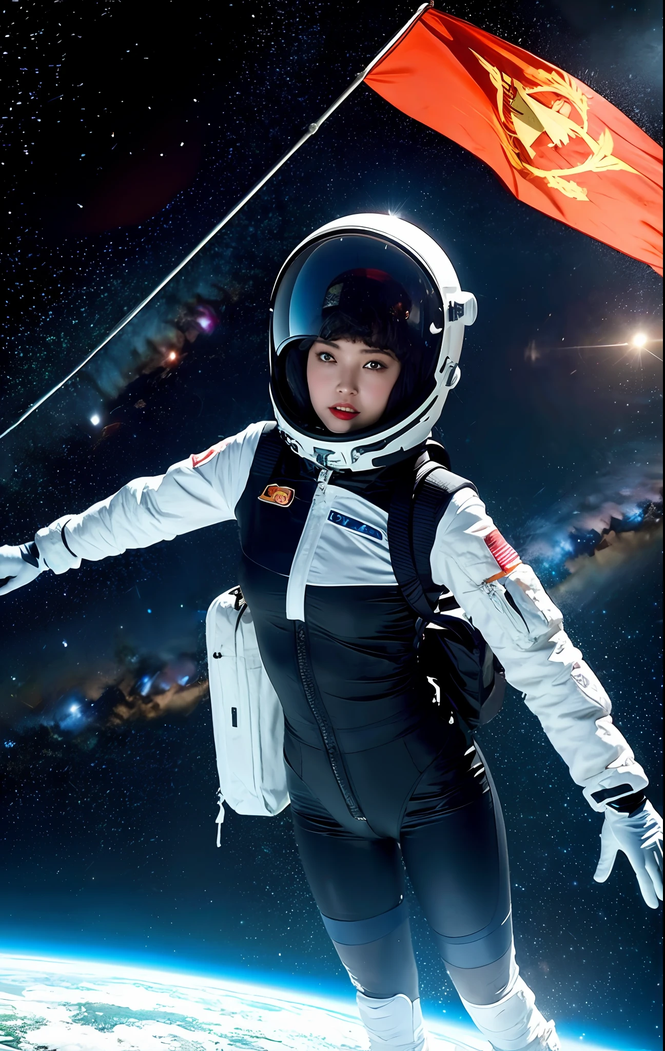 1girl,flat_breasts,cute,beautiful detailed eyes,shiny hair,visible through hair,hairs between eyes, CCCPposter, sovietposter,red monochrome,soviet poster, soviet,communism,
Black_hair,red_eyes,vampire,teenage,poorbreast,Spacesuit:Orange_clothing_body:jumpsuit),white_gloves, white_space shoes, white_helmet, the CCCP red letters on the top of helmet, weightlessness, Side light, reflection, The person in the spacesuit is at the bottom left of the frame, The right hand is outstretched, the right hand gently touches the Salyut space station), Space station in the upper right corner of the screen, Reflected light from the sun, Silver metal,red flag, brilliance,USSR style, diffuse reflection, Metallic texture, The vista is a blue Earth,mecha style,the sea of star,high tone, magnificent