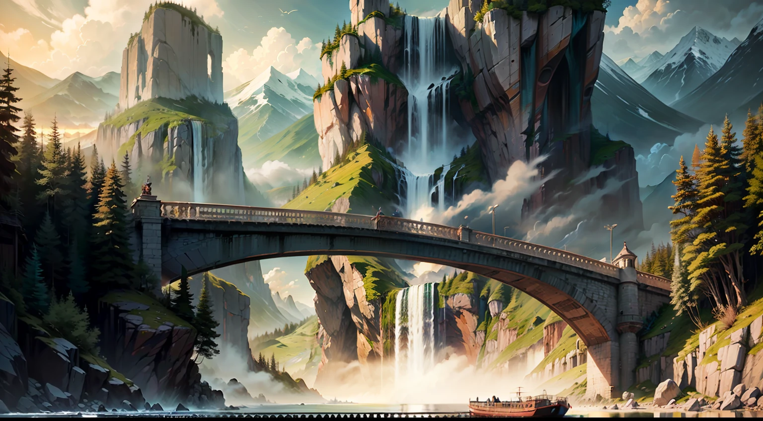 a painting of a waterfall and a bridge, with mountains in the background, in the style of 2d game art, golden light, monochrome landscapes, cabincore, sublime wilderness, atmospheric clouds, 8k resolution --ar 3:2