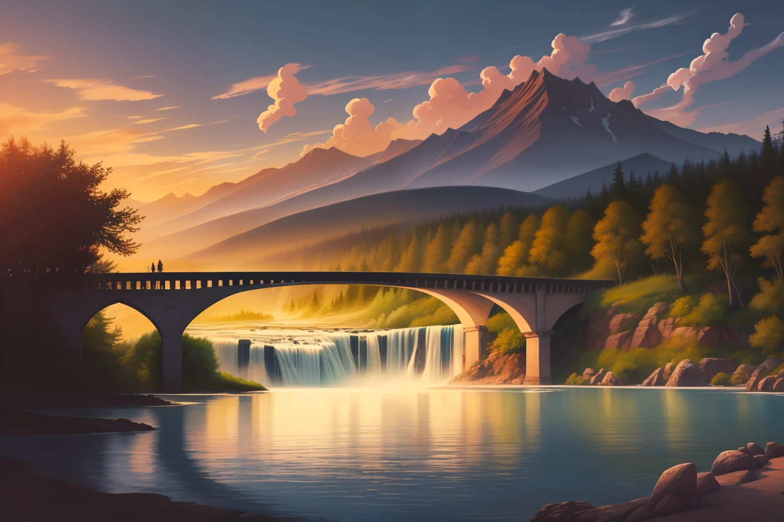 a painting of a waterfall and a bridge, with mountains in the background, in the style of 2d game art, golden light, monochrome landscapes, cabincore, sublime wilderness, atmospheric clouds, 8k resolution --ar 3:2