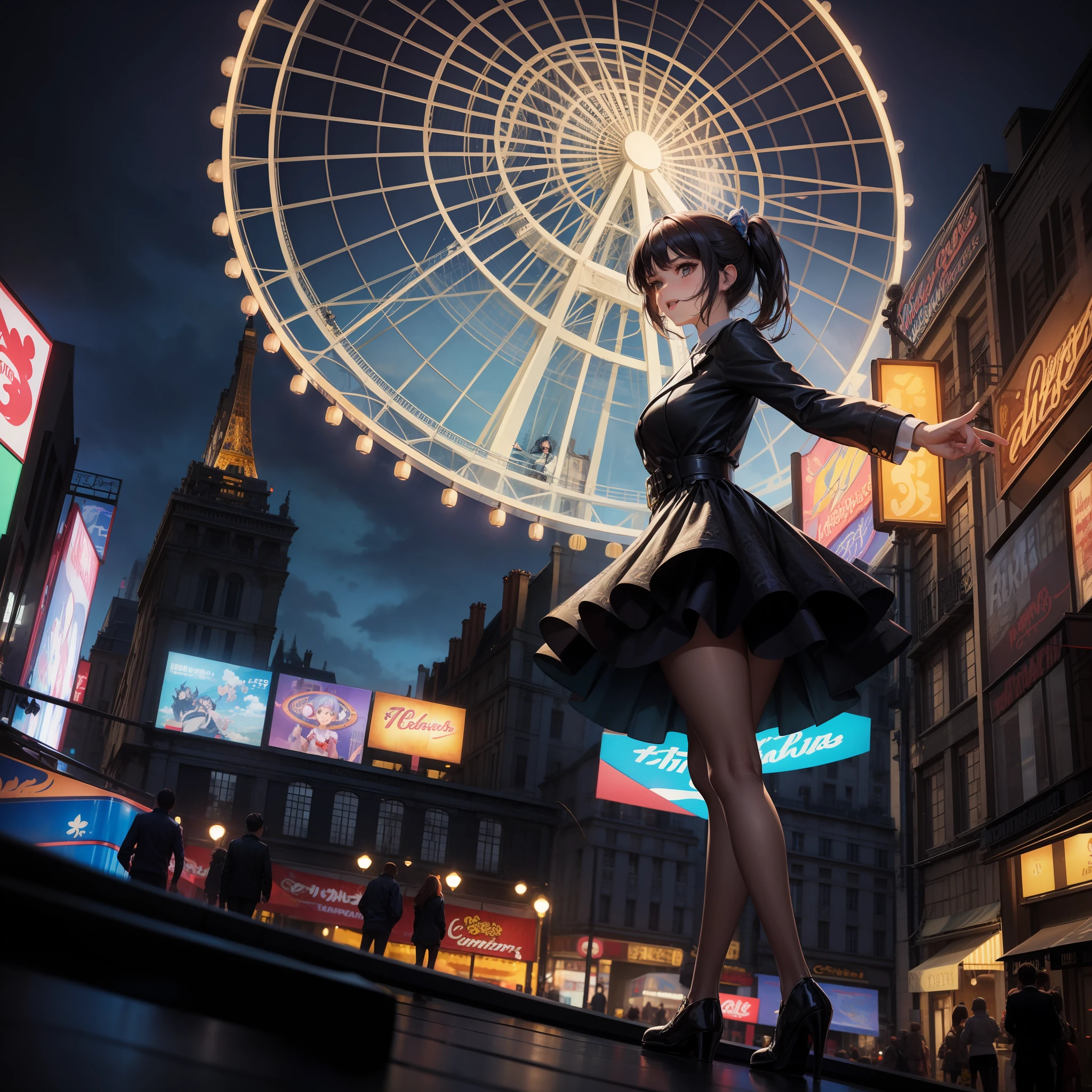 A whimsical scene depicting a captivating anime-style cartoon girl standing confidently in front of a towering Paris wheel at a vibrant fun fair, with a beautifully detailed background, vivid colors, dynamic lighting, and an overall joyful atmosphere.