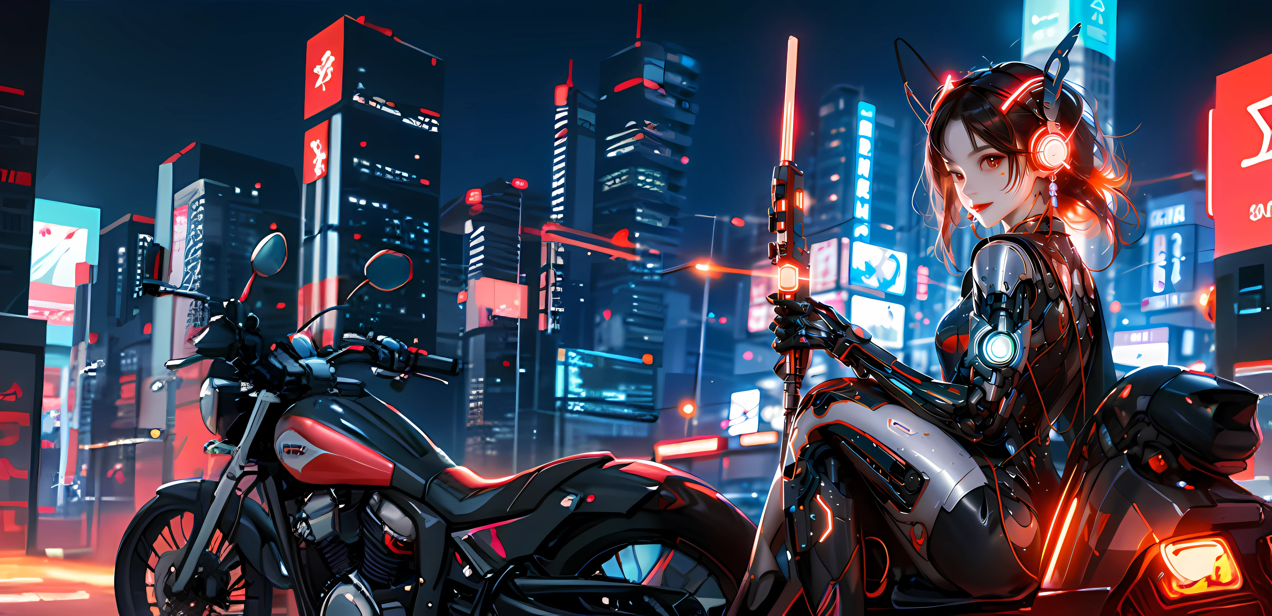 anime girl with headphones on sitting on motorcycle in city, digital cyberpunk anime art, digital cyberpunk - anime arts, anime cyberpunk art, cyberpunk anime girl, female cyberpunk anime girl, cyberpunk anime girl mech, cyberpunk artstyle, cyberpunk anime art, anime cyberpunk, modern cyberpunk anime, cyberpunk artstyle, Cyberpunk Style, cyberpunk themed art, cyberpunk beautiful girl, in the cyberpunk city