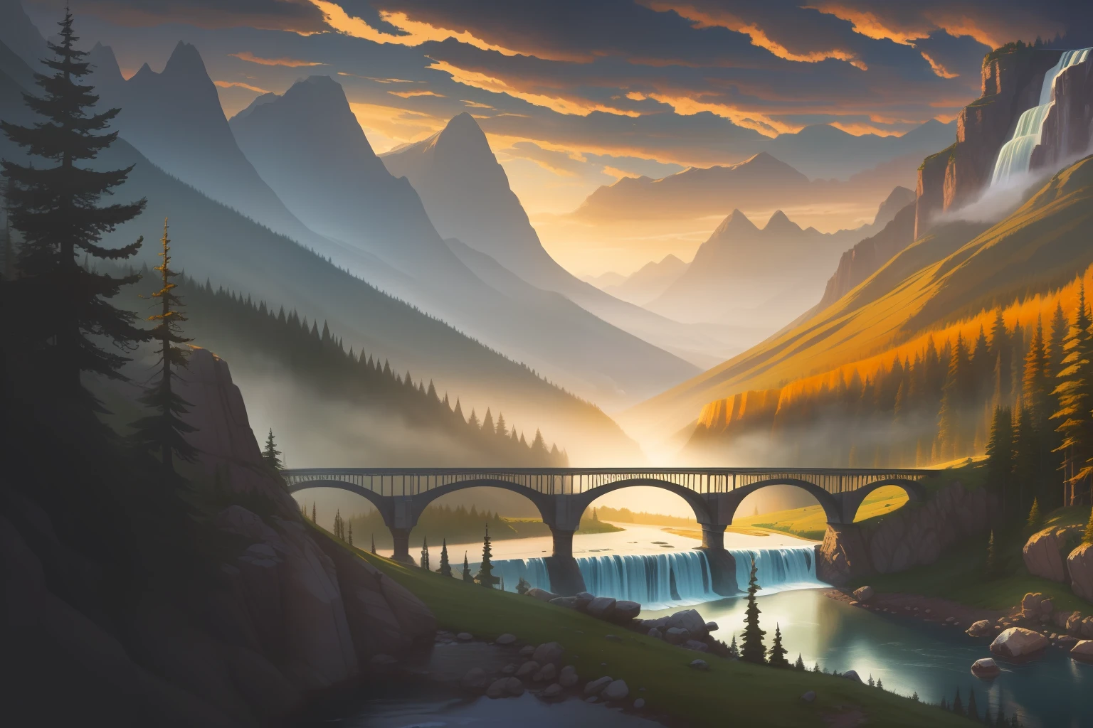 a painting of a waterfall and a bridge, with mountains in the background, in the style of 2d game art, golden light, monochrome landscapes, cabincore, sublime wilderness, atmospheric clouds, 8k resolution --ar 3:2