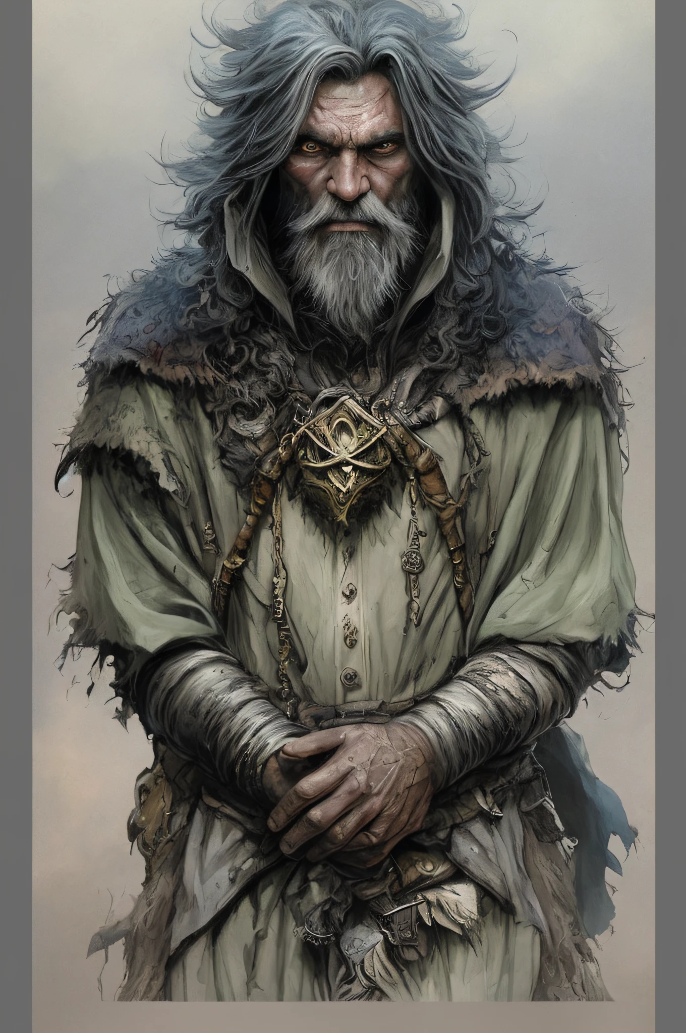 A close-up of a man with a beard and beardless face, hyper-detailed fantasy character, fantasy character portrait, fantasy character art, stunning character art, epic exquisite character art, greybeard, John Blanche art style, epic fantasy character art, complex fantasy character, old male archmage,