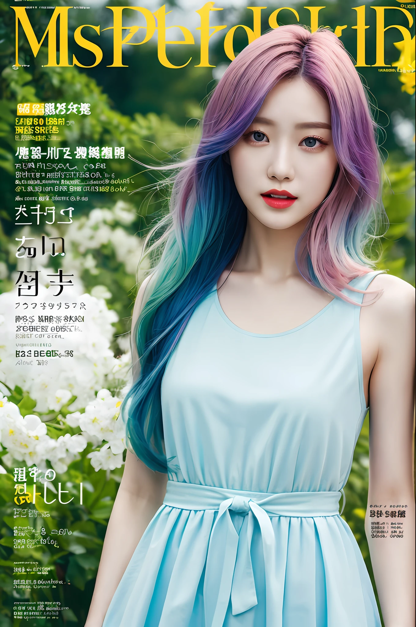 masterpiece, best quality, spring outfit, colorful hair, outdoor, magazine cover ,upper body,
