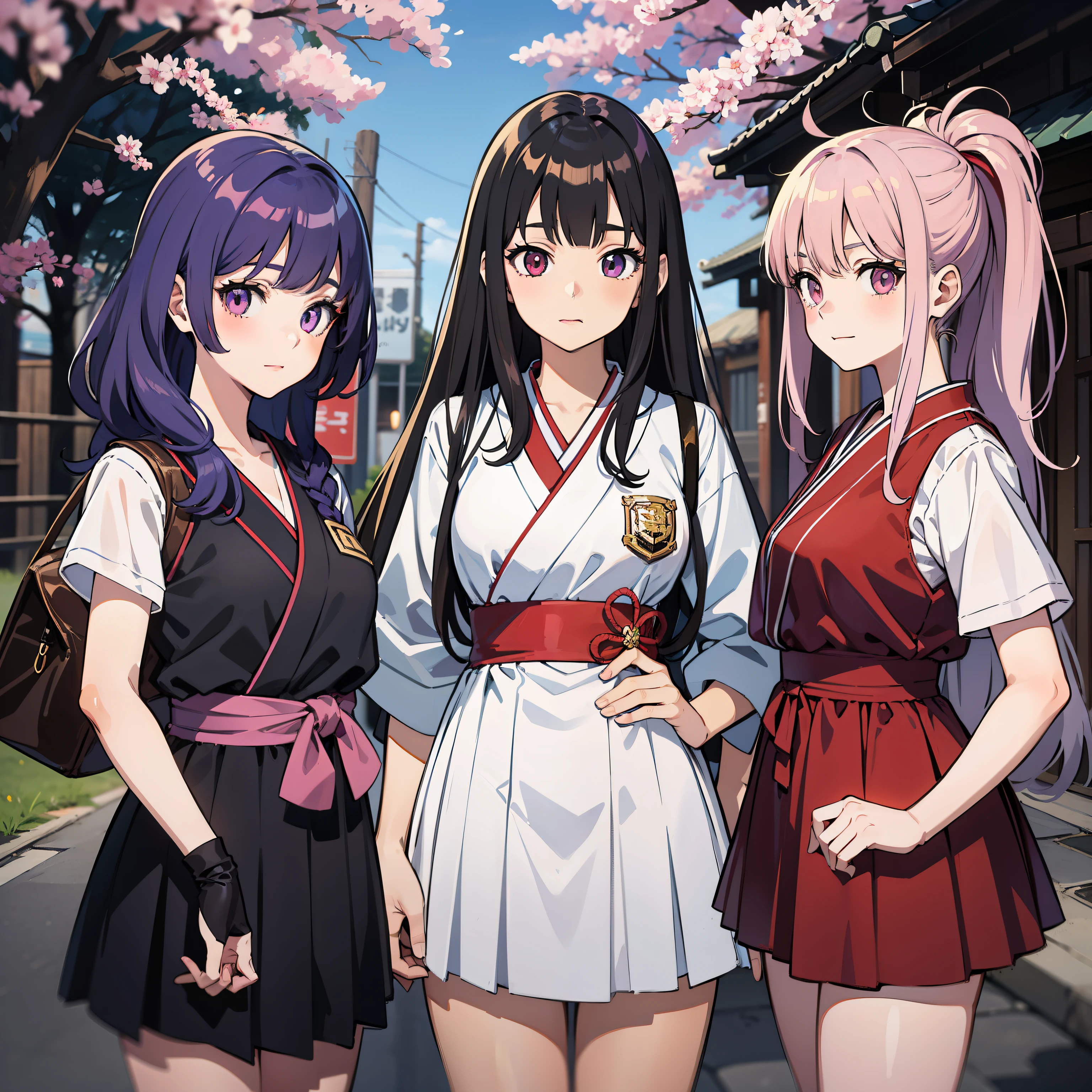 anime, anime series art style, anime style, anime/manga series cover, 3girls, outdoors, girl1 with long white hair with vibrant purple streaks & spring cut bangs & purple eyes & school girl japanese clothes, girl2 with short messy brown hair & messy bangs & red eyes & school girl japanese clothes, girl3 with long soft blue hair in ponytail & side bangs & soft pink eyes & school girl japanese clothes